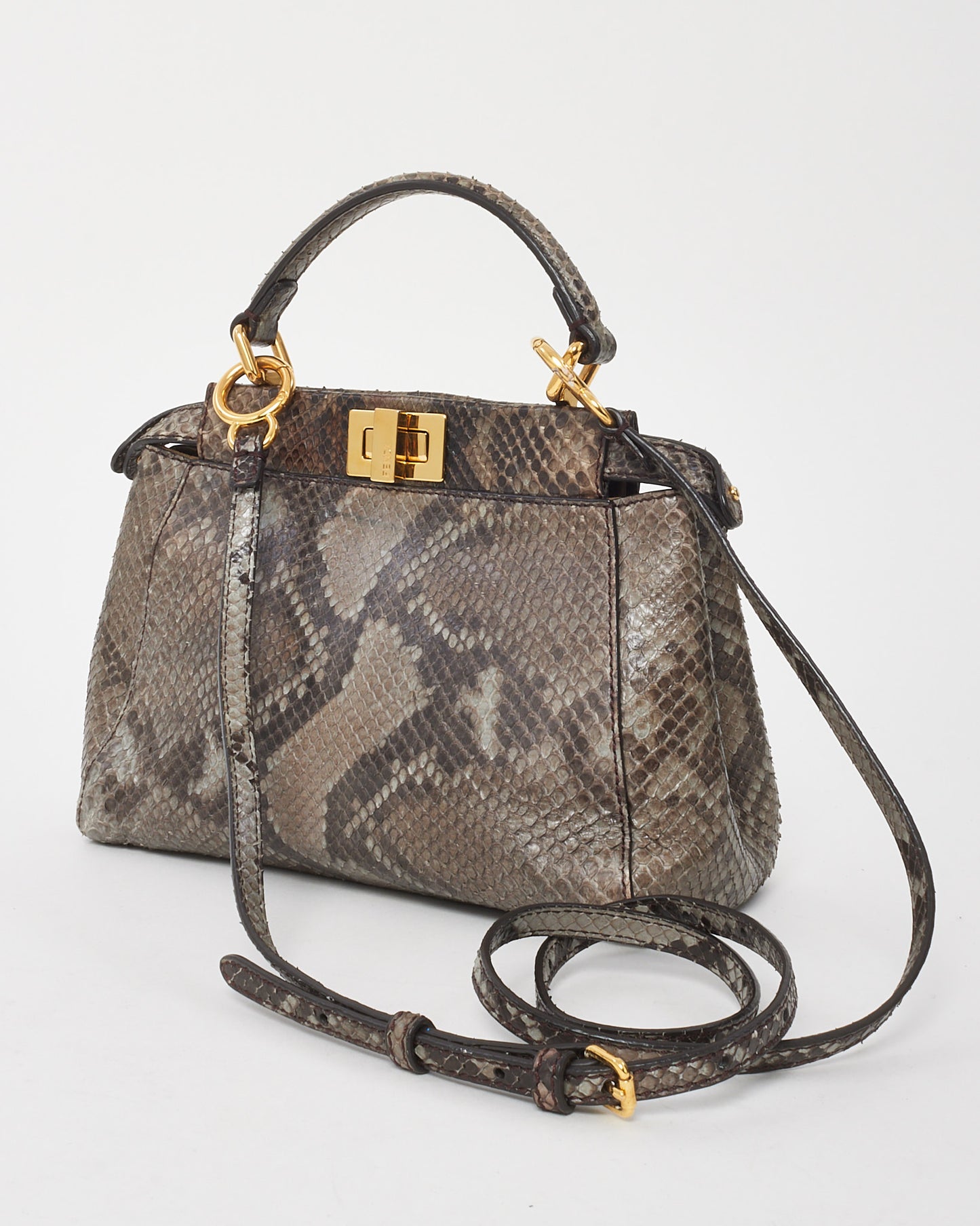 Fendi Grey Asfalto Nocciola Python Snakeskin Camoscio Mini Peekaboo Bag