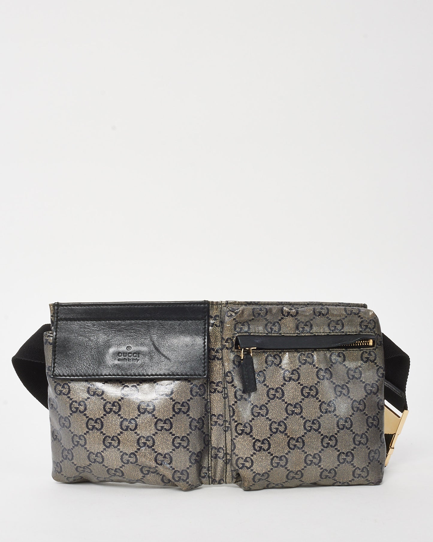 Gucci Grey and Navy Monogram GG Crystal Canvas Double Pocket Belt Bag