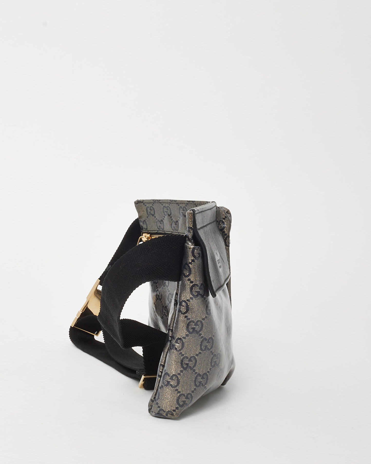 Gucci Grey and Navy Monogram GG Crystal Canvas Double Pocket Belt Bag