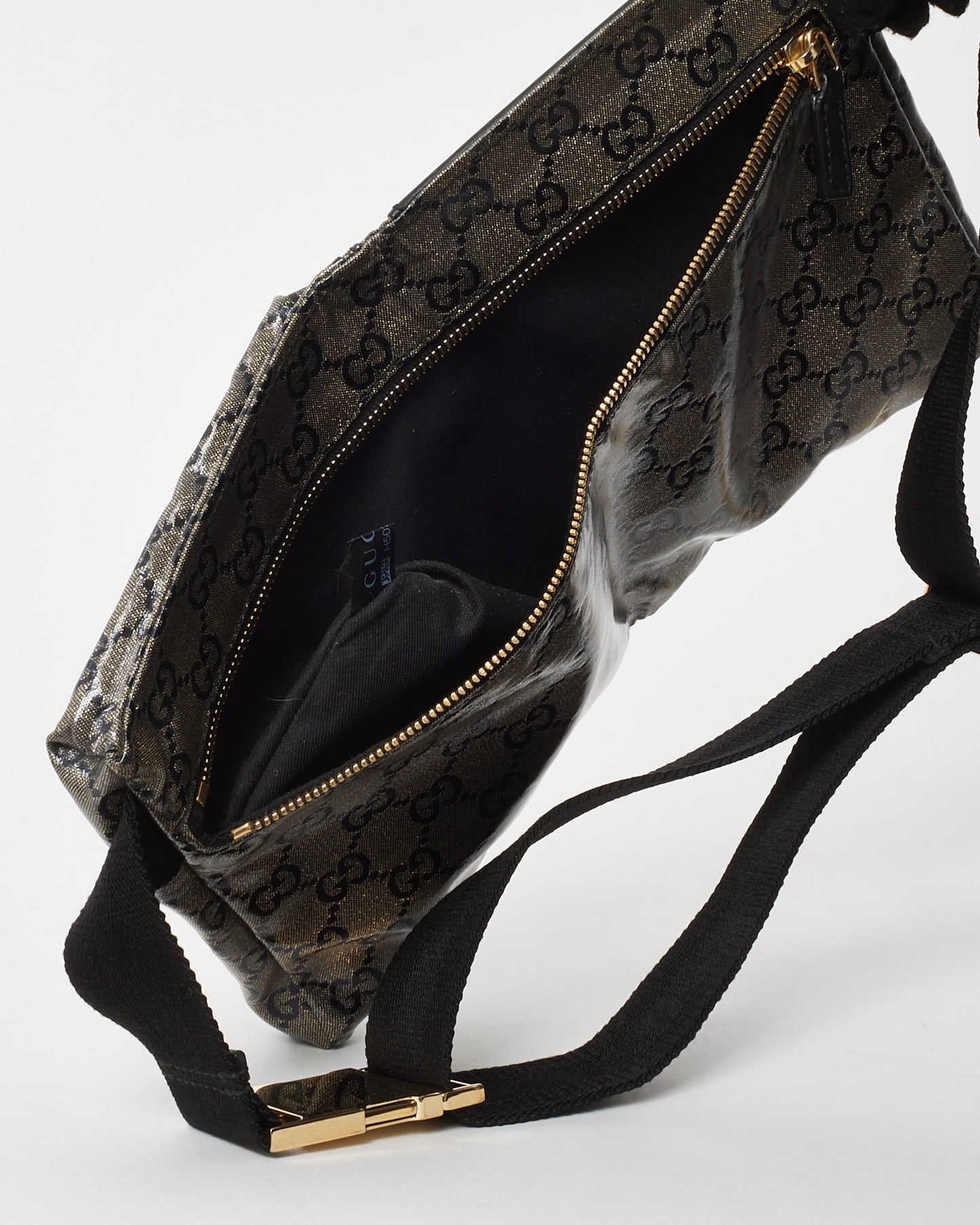 Gucci Grey and Navy Monogram GG Crystal Canvas Double Pocket Belt Bag