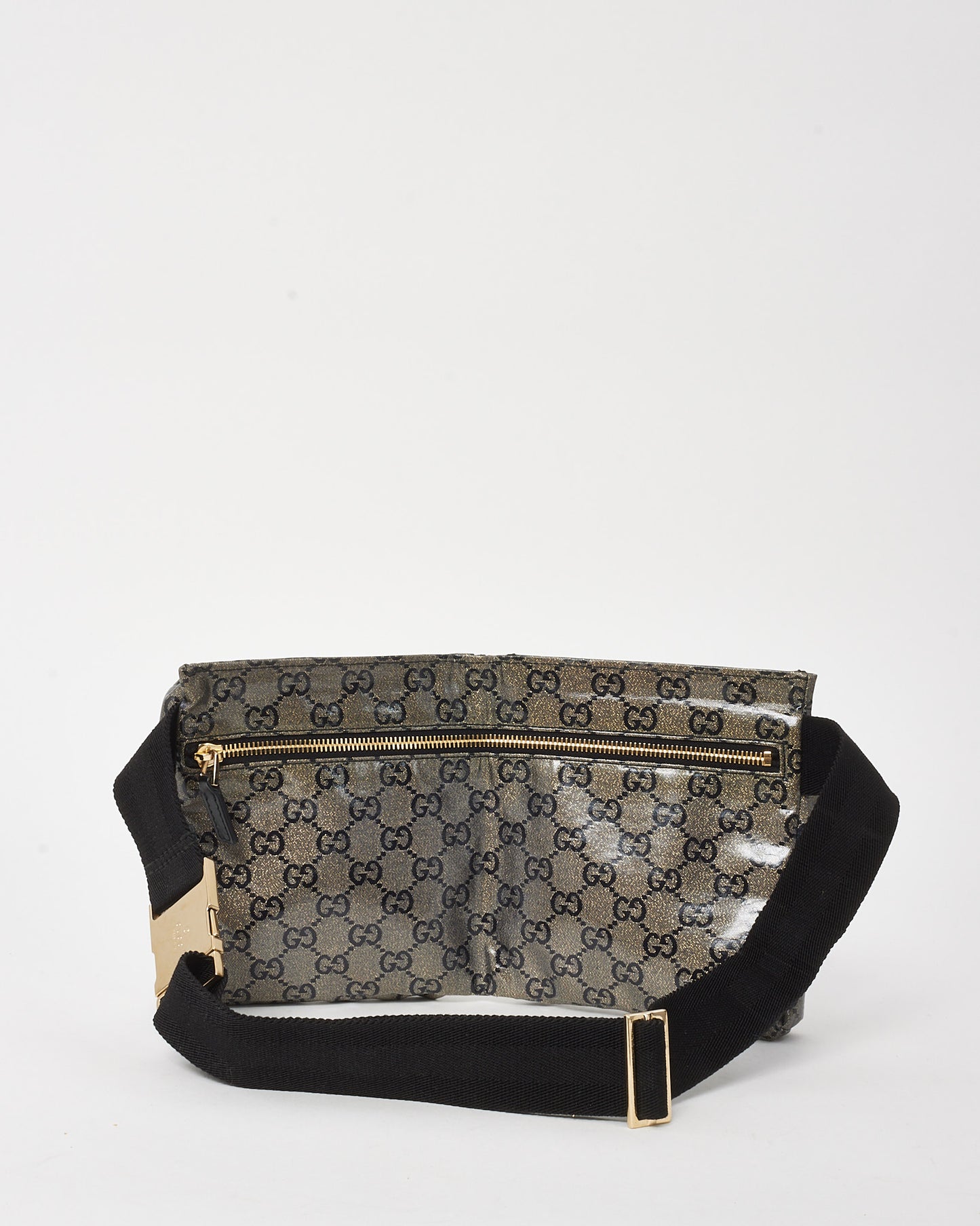 Gucci Grey and Navy Monogram GG Crystal Canvas Double Pocket Belt Bag