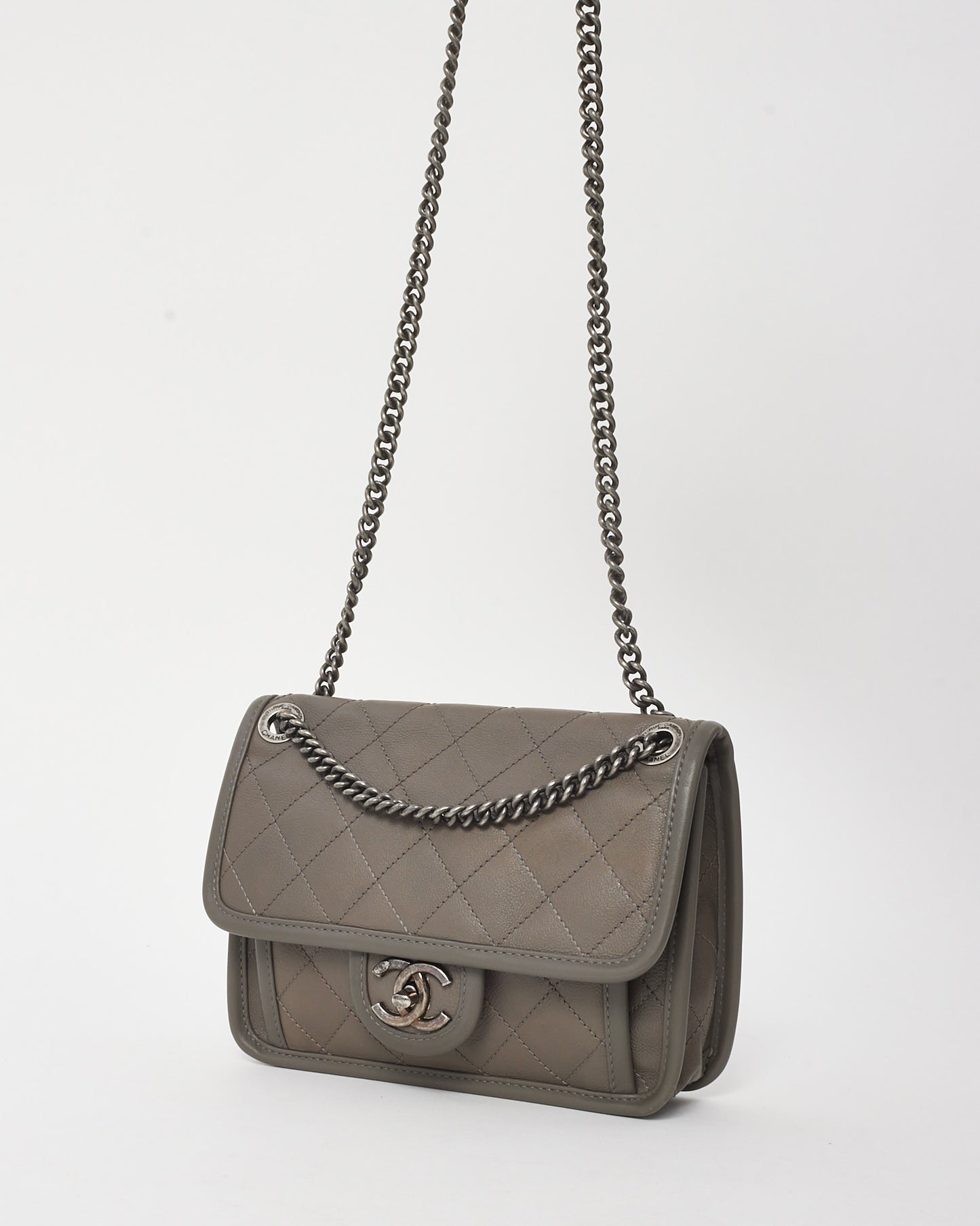 Chanel Grey Quilted Calfskin Leather Mini French Riviera Flap Bag SHW