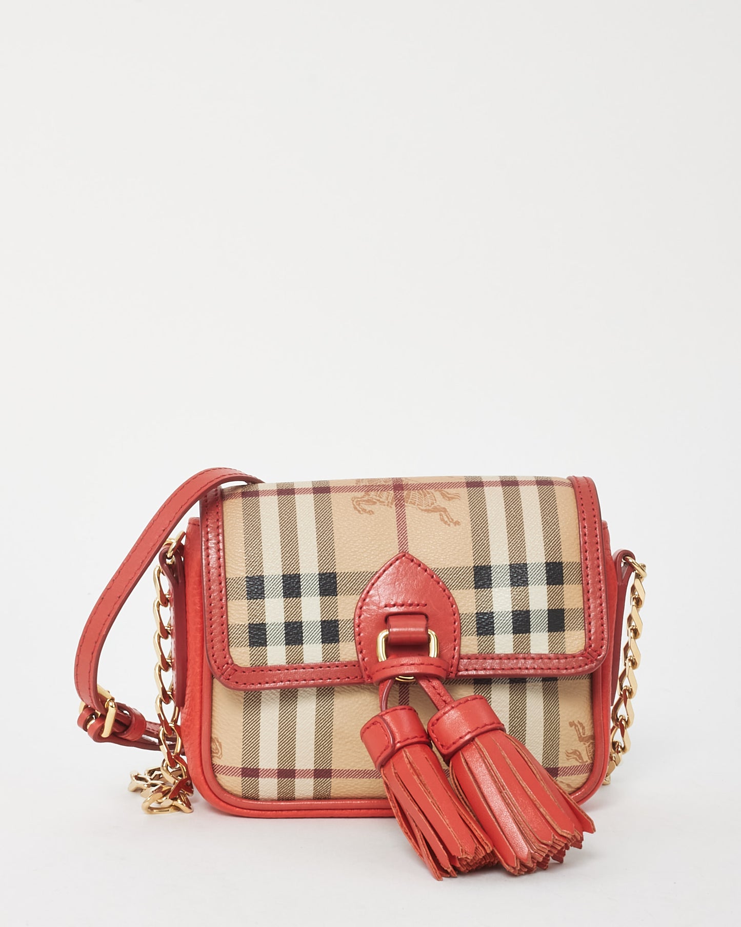 Burberry Red and Beige Haymarket Check Mini Tassel Crossbody Bag