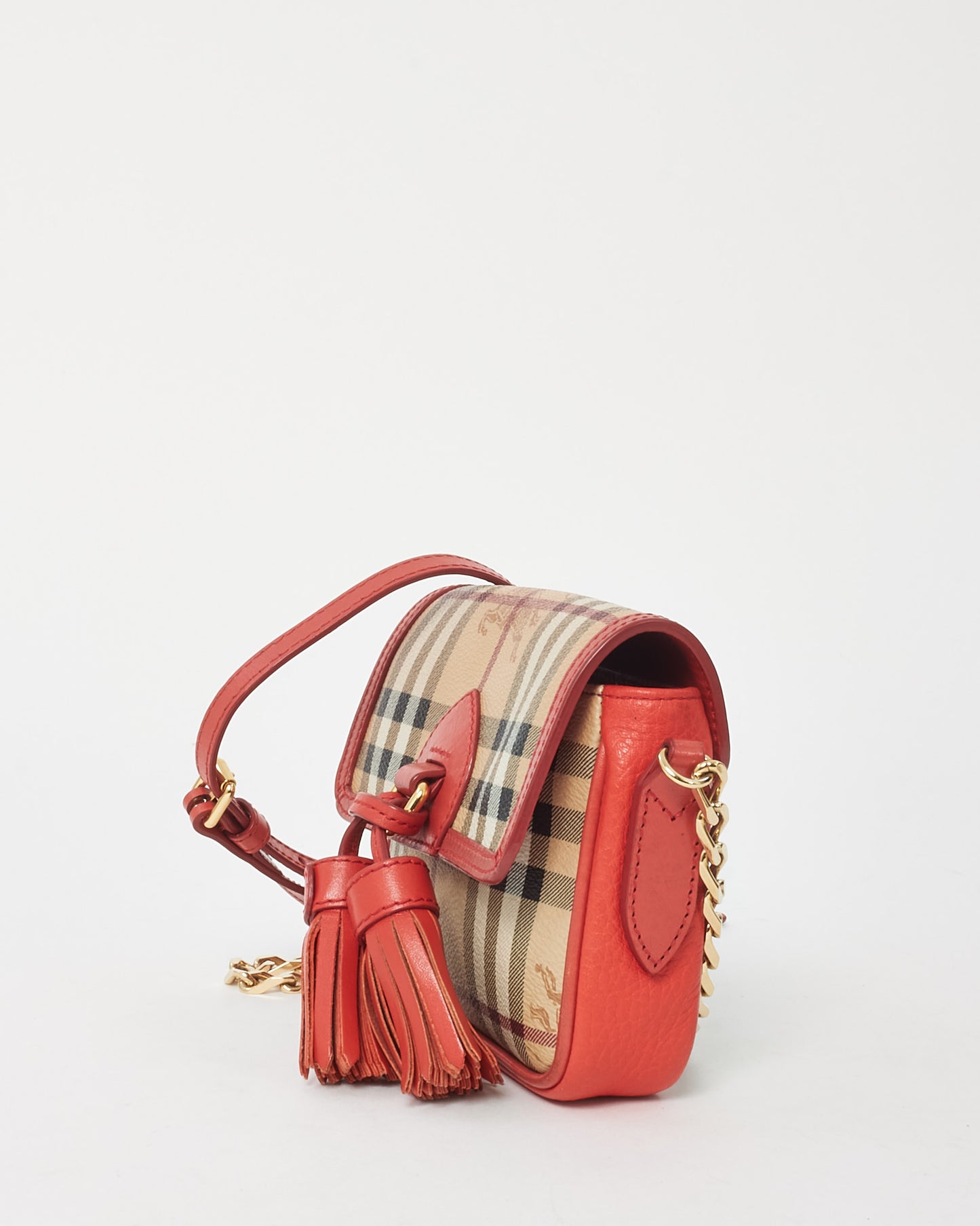 Burberry Red and Beige Haymarket Check Mini Tassel Crossbody Bag