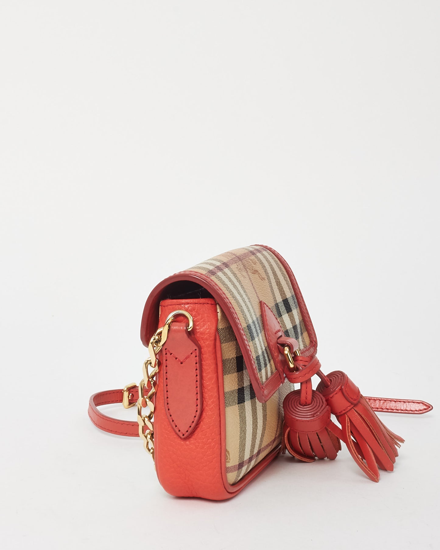 Burberry Red and Beige Haymarket Check Mini Tassel Crossbody Bag