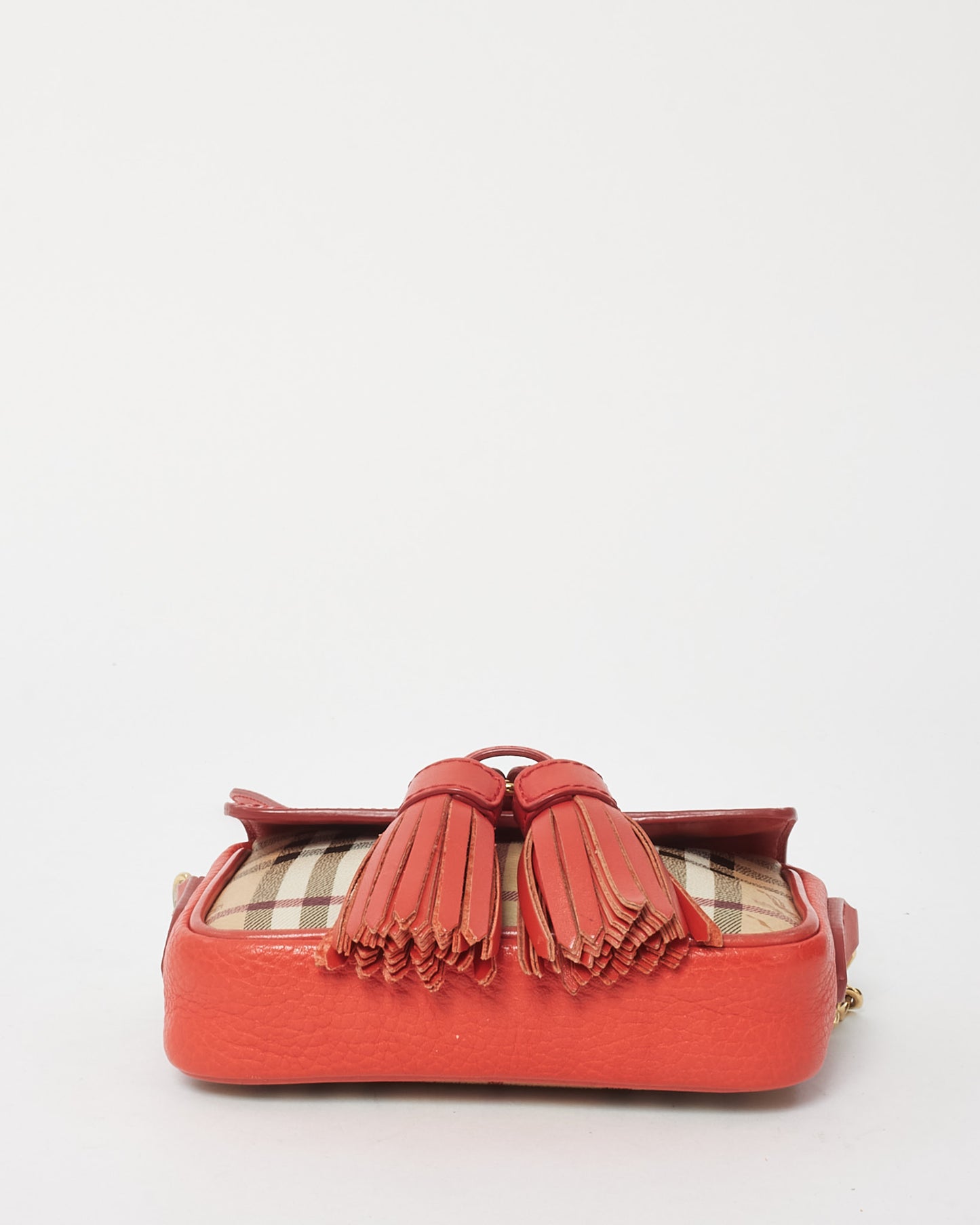 Burberry Red and Beige Haymarket Check Mini Tassel Crossbody Bag