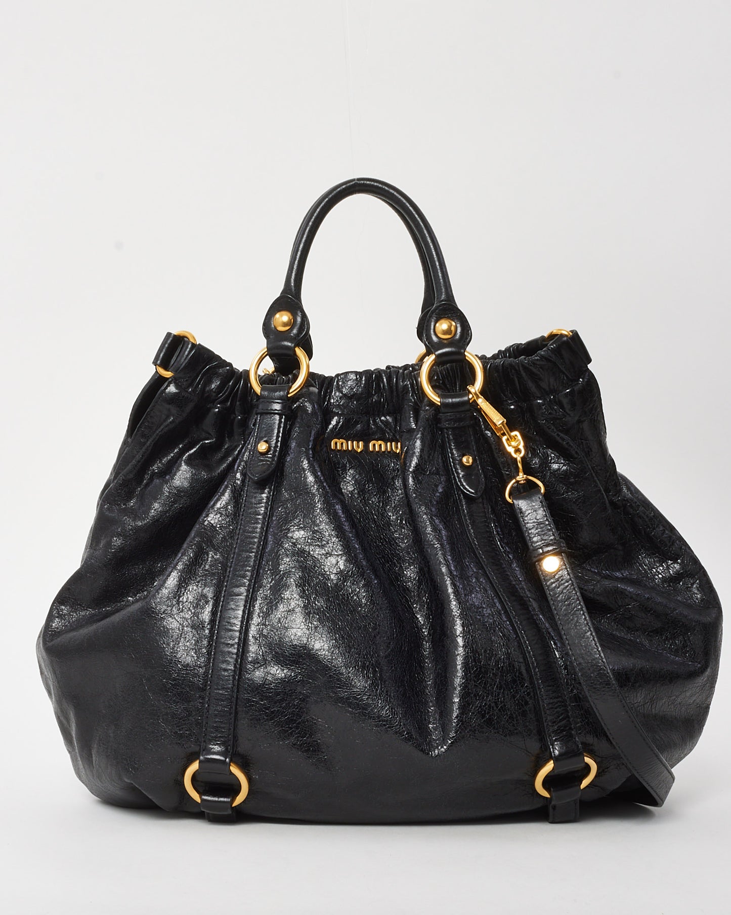 Miu Miu Black Vietto Shine Leather Pleated 2Way Bag