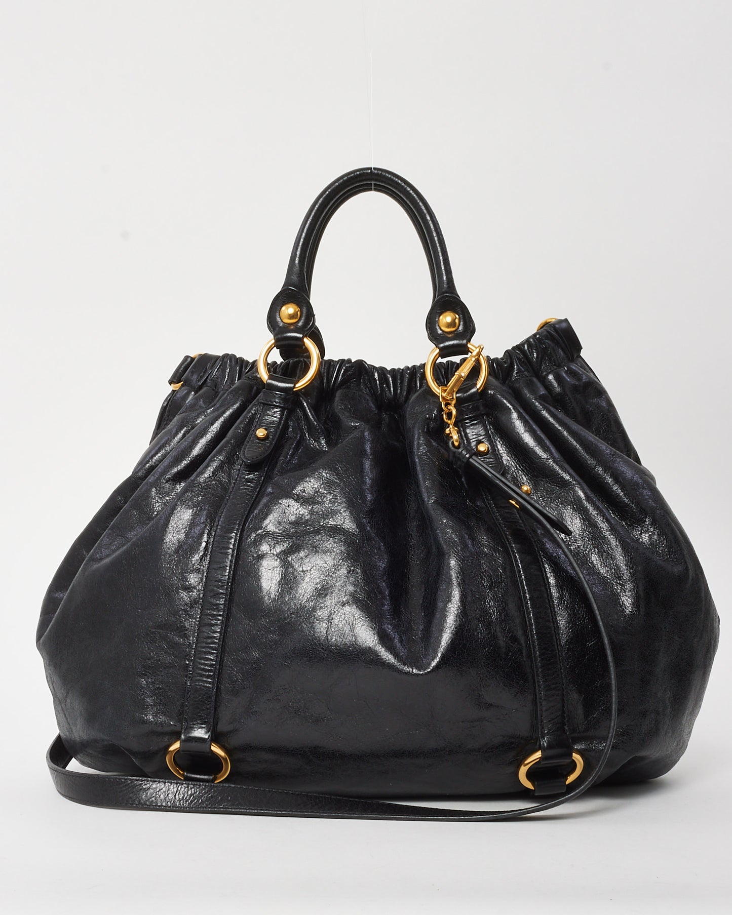 Miu Miu Black Vietto Shine Leather Pleated 2Way Bag