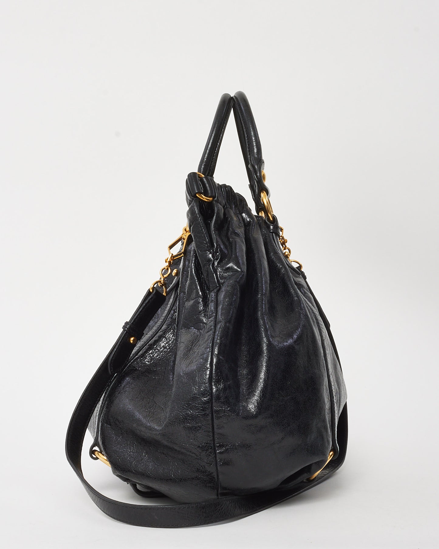Miu Miu Black Vietto Shine Leather Pleated 2Way Bag