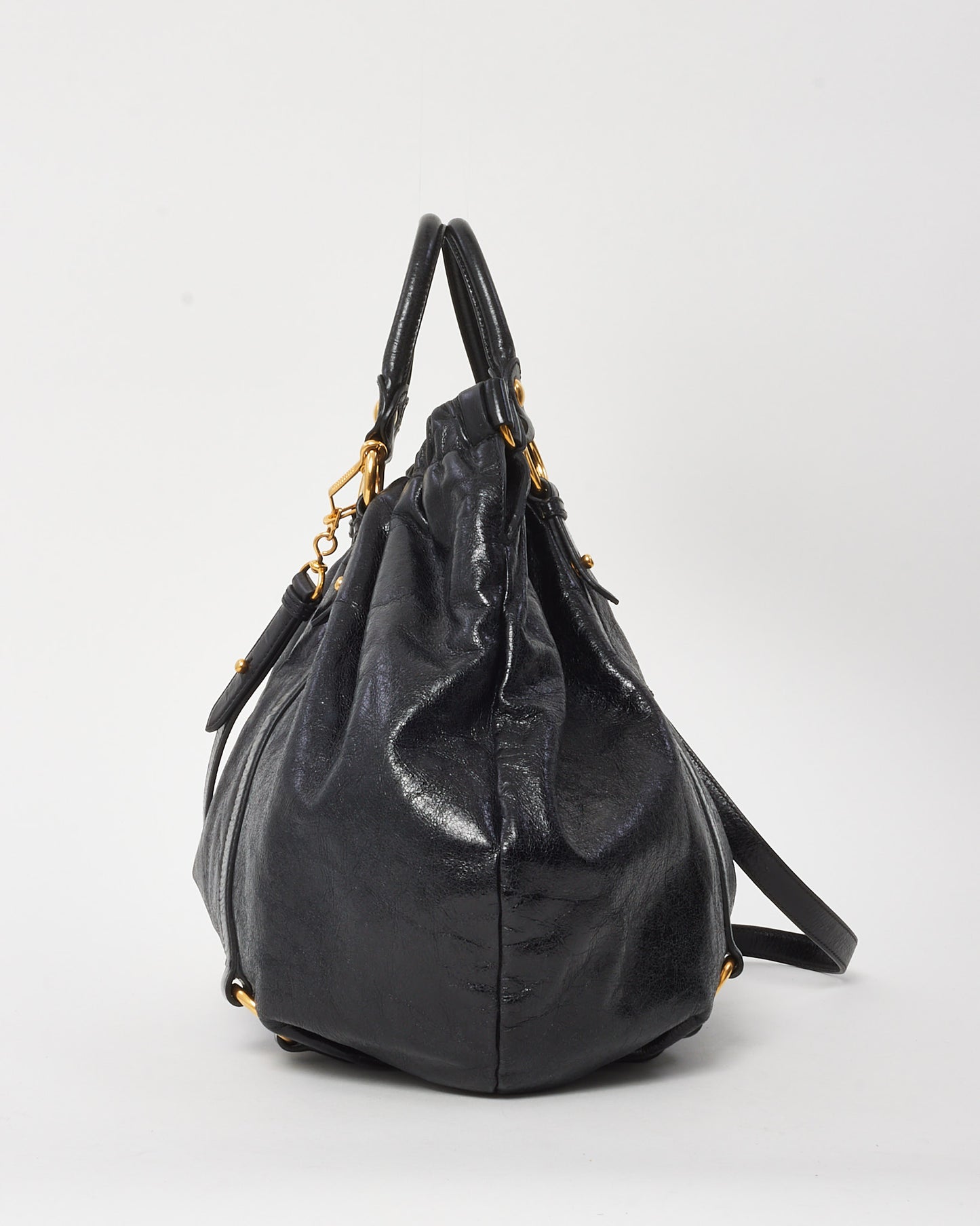 Miu Miu Black Vietto Shine Leather Pleated 2Way Bag