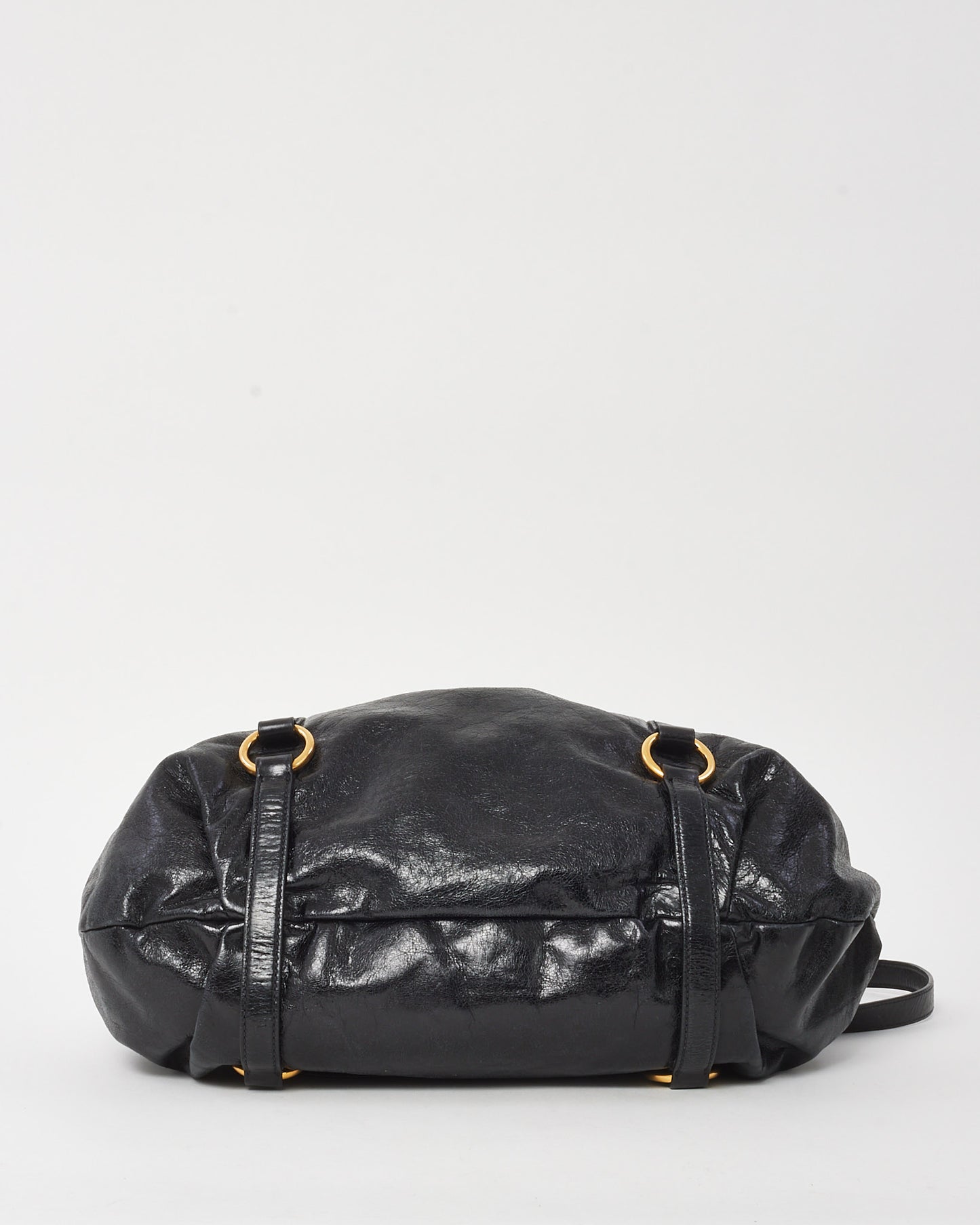 Miu Miu Black Vietto Shine Leather Pleated 2Way Bag