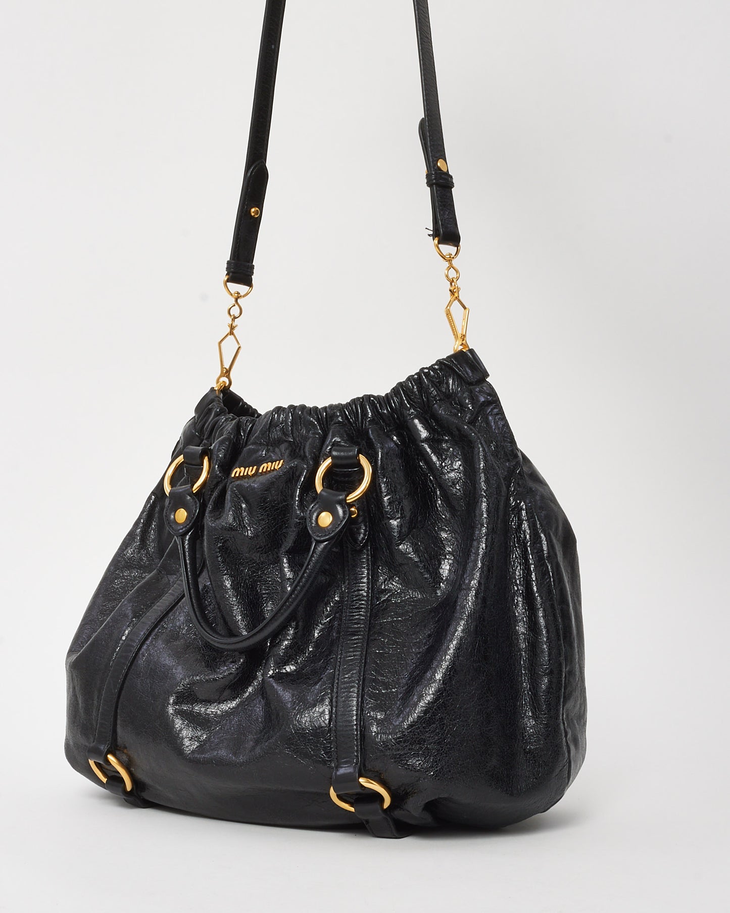 Miu Miu Black Vietto Shine Leather Pleated 2Way Bag