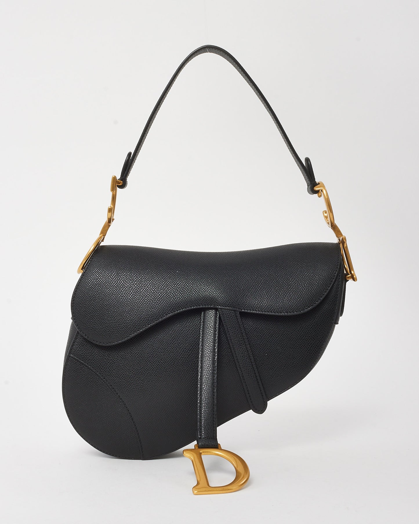 Dior Black Grained Calfskin Leather Saddle Bag with Strap GHW