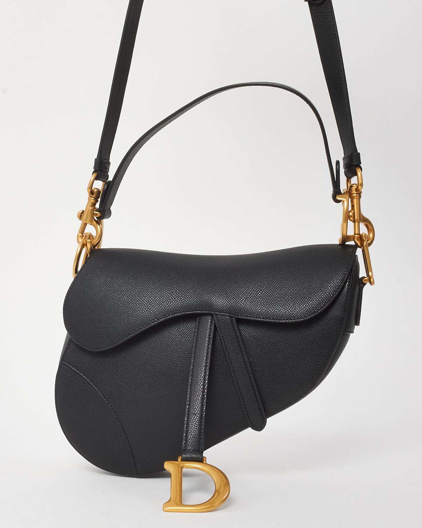 Dior Black Grained Calfskin Leather Saddle Bag with Strap GHW