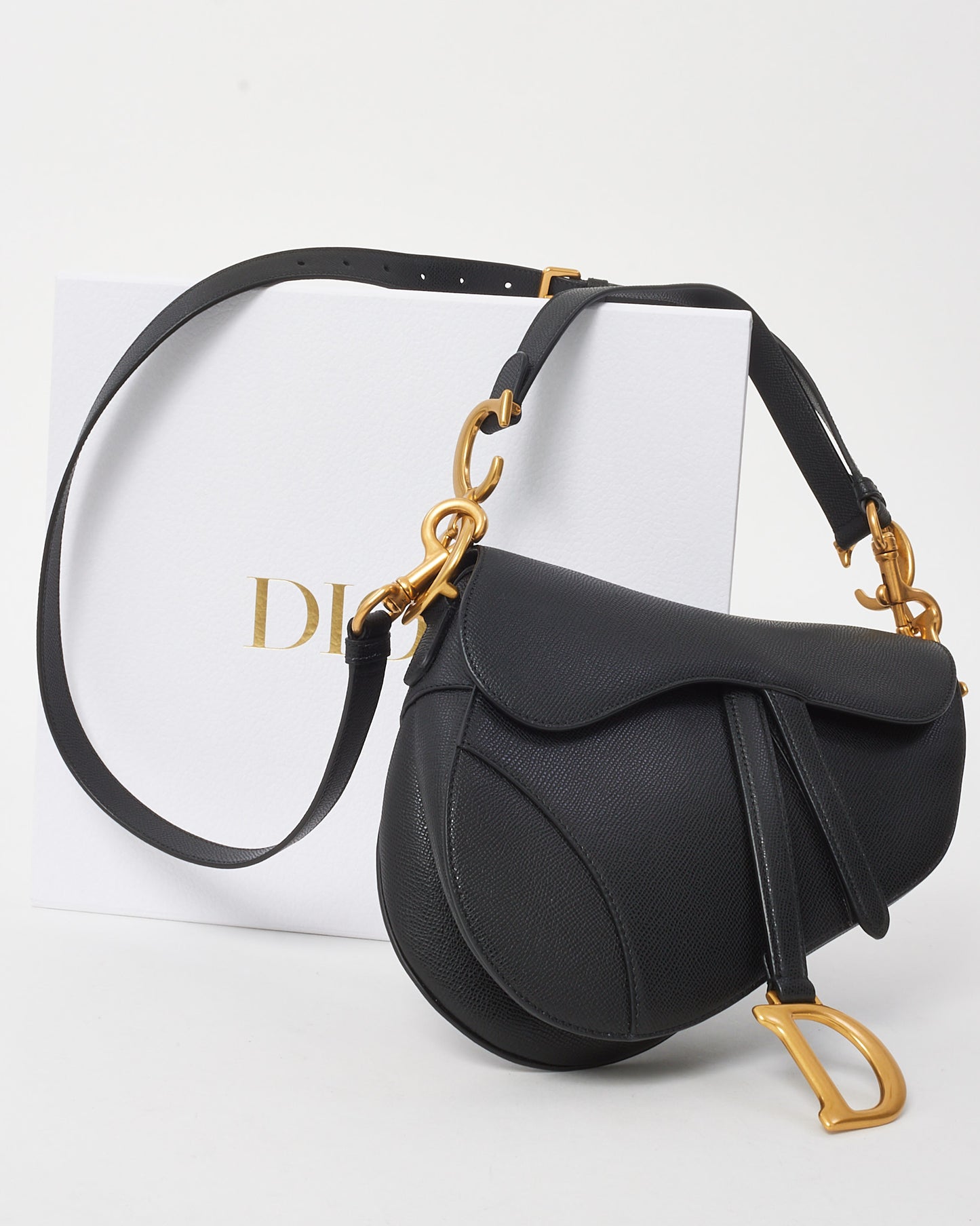Dior Black Grained Calfskin Leather Saddle Bag with Strap GHW