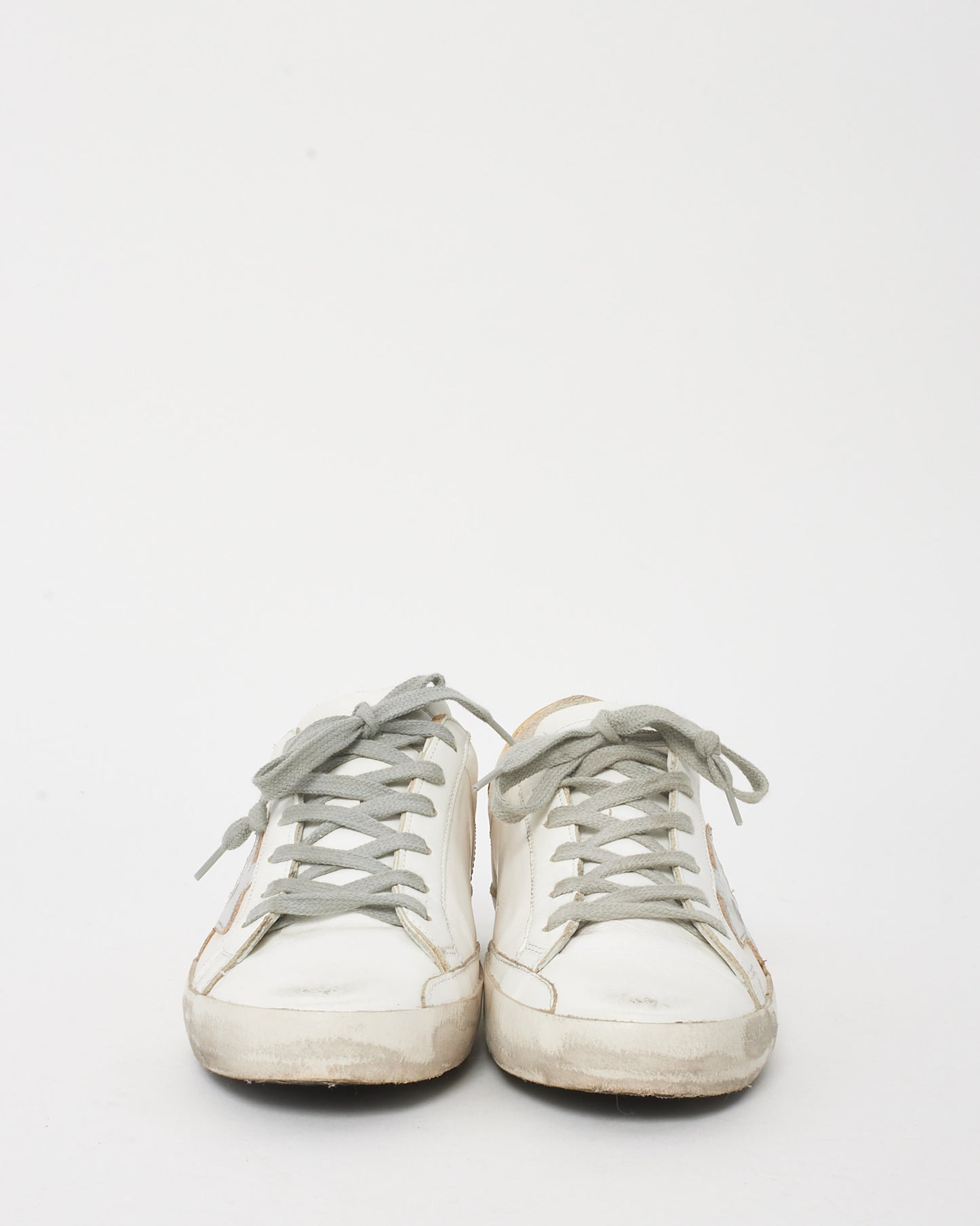 Golden Goose White Leather/Grey/Gold SuperstarLeather Low Top Sneakers - 37