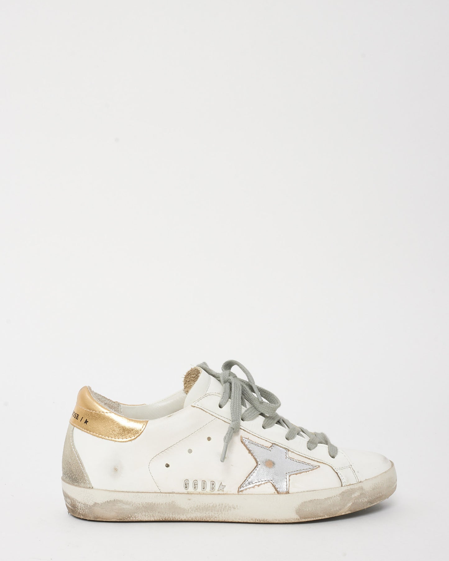 Golden Goose White Leather/Grey/Gold SuperstarLeather Low Top Sneakers - 37