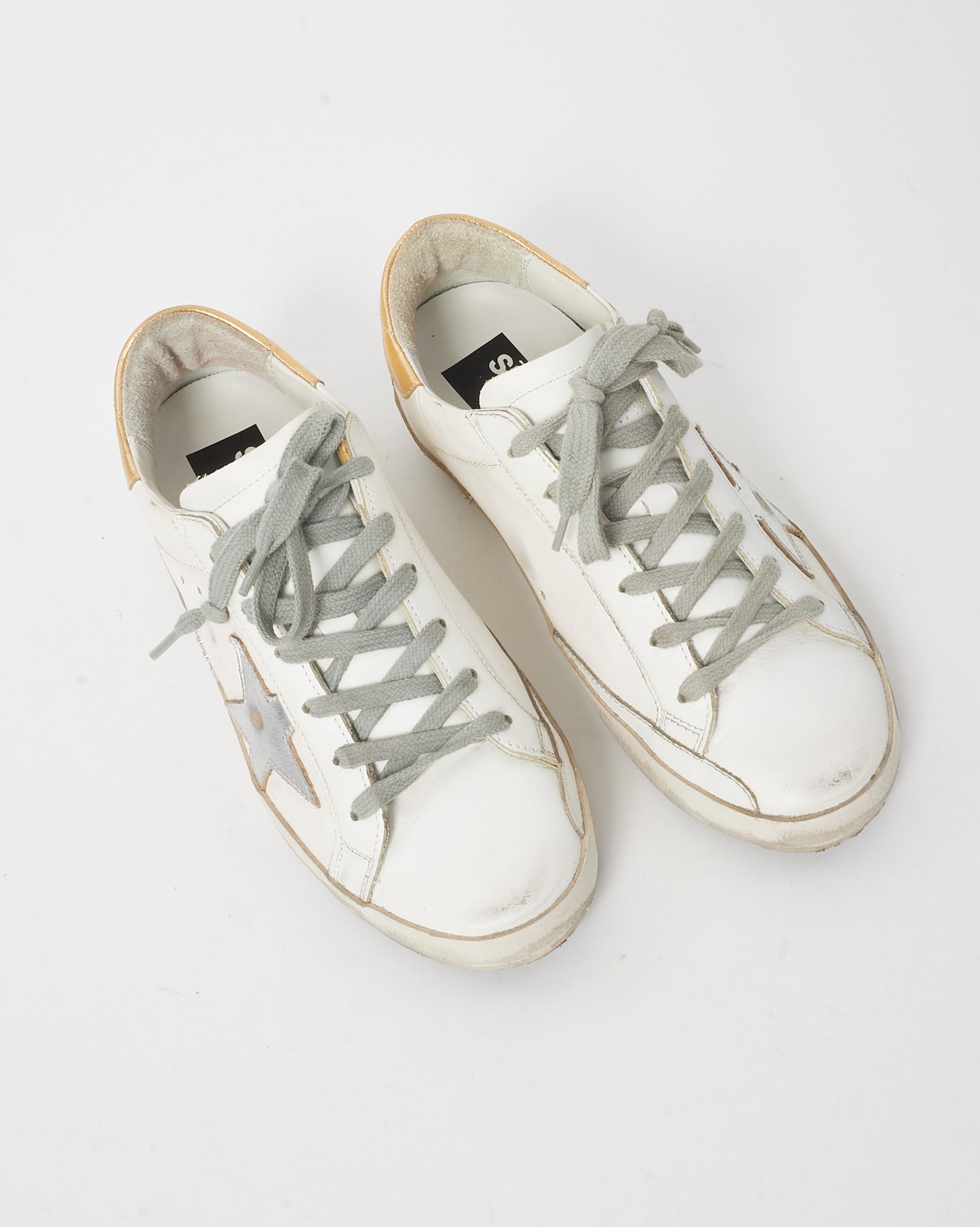 Golden Goose White Leather/Grey/Gold SuperstarLeather Low Top Sneakers - 37
