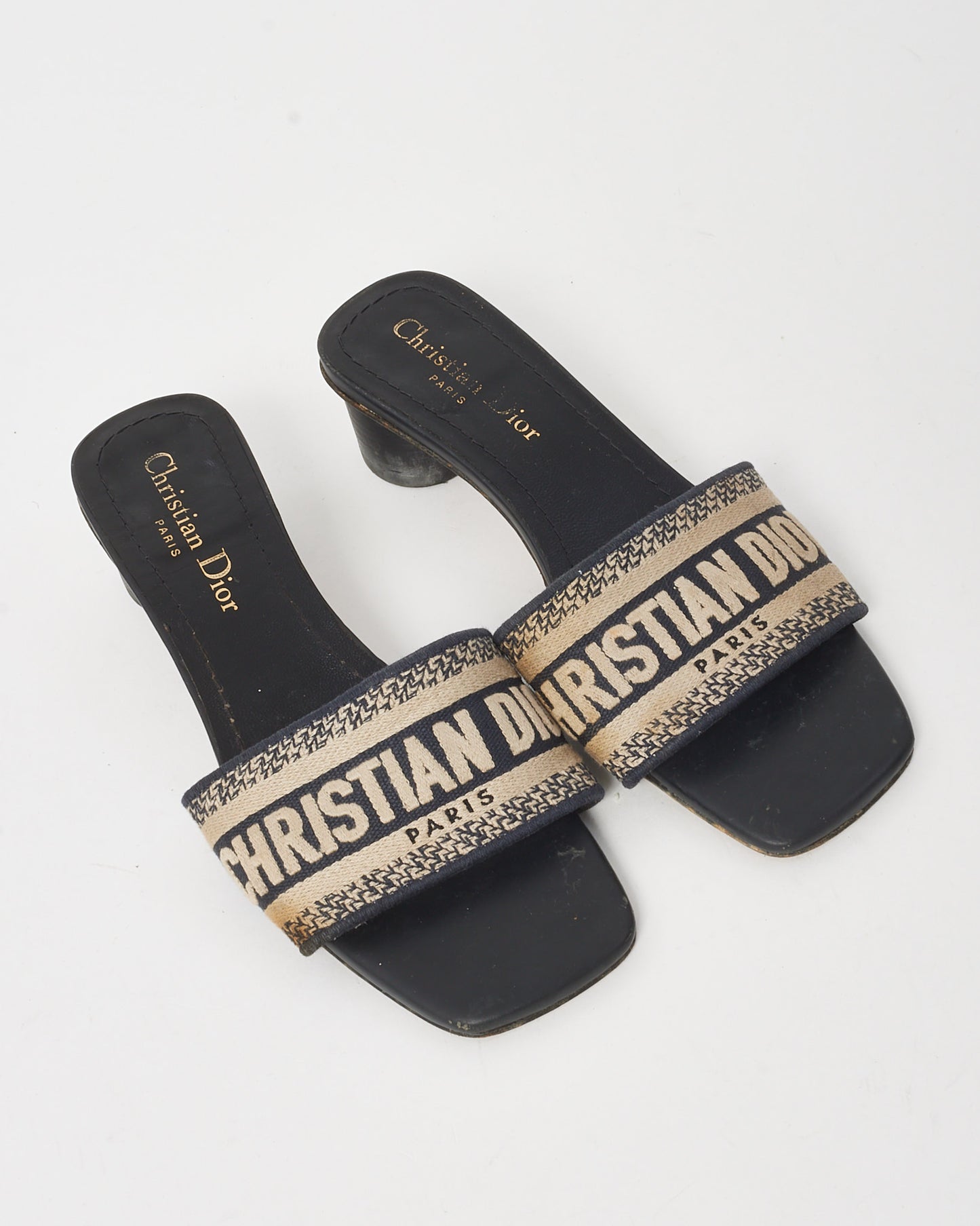 Dior Deep Blue Embroidered Cotton Logo Dway Heeled Sandals - 36