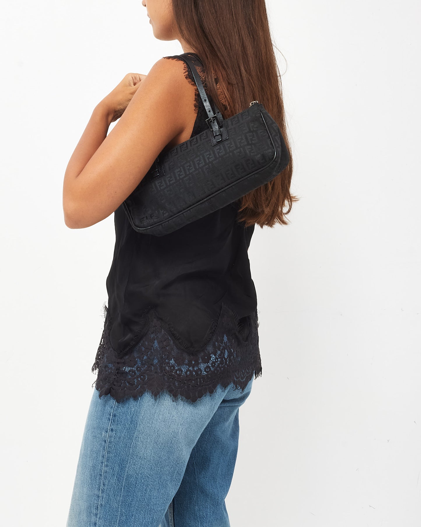 Fendi Black FF Zucchino Canvas E/W Shoulder Bag