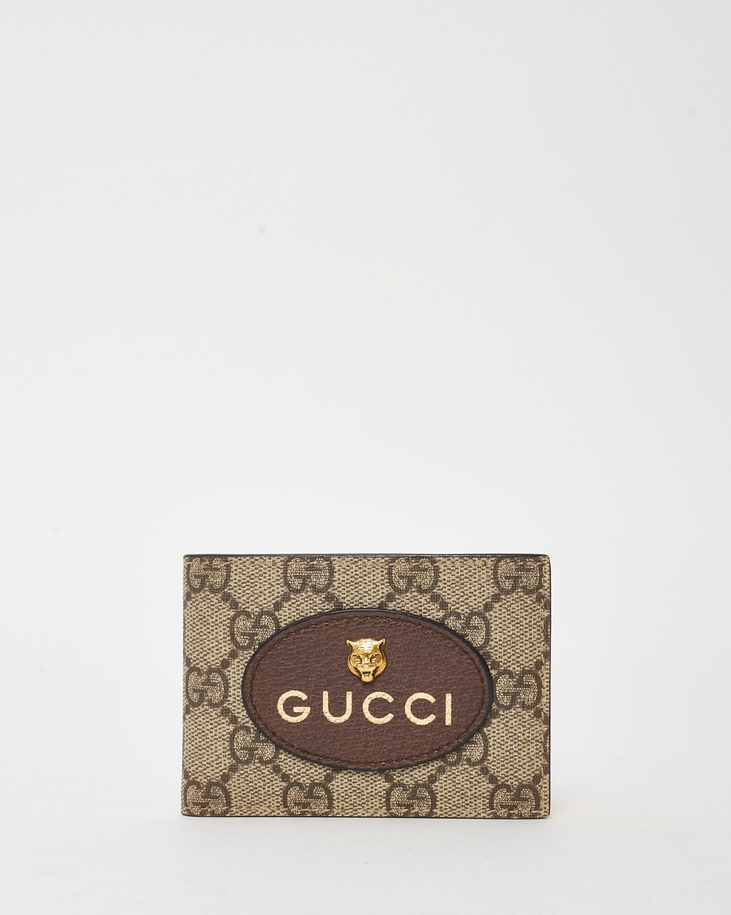 Gucci Beige and Brown Monogram GG Supreme Canvas Tiger Head Bifold Wallet