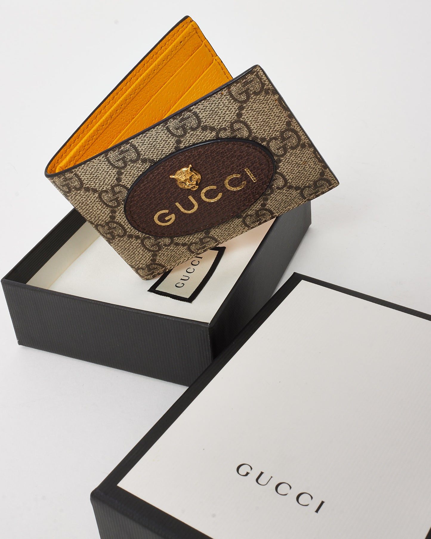 Gucci Beige and Brown Monogram GG Supreme Canvas Tiger Head Bifold Wallet