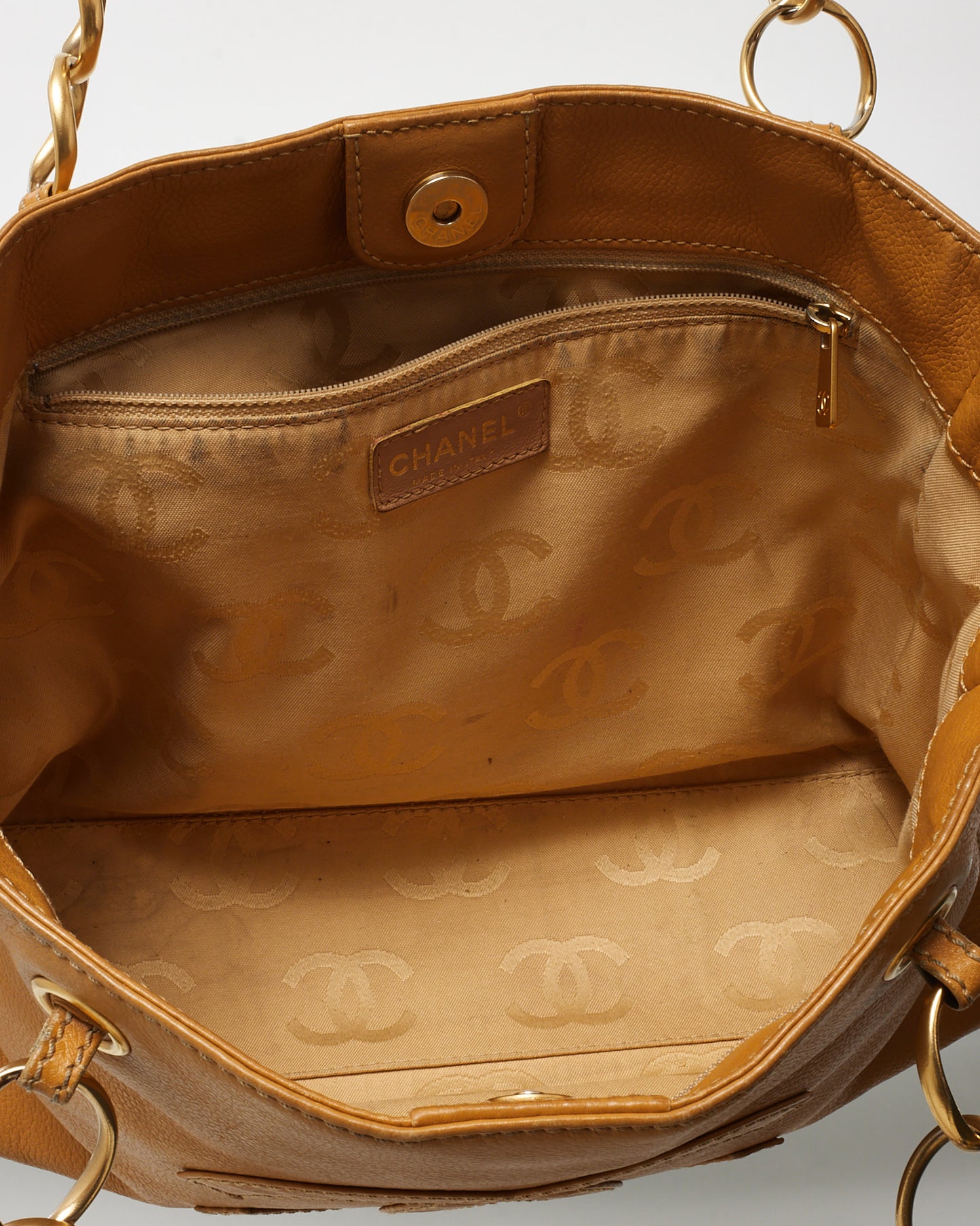 Chanel Vintage Tan Calfskin Leather CC Logo Chain Tote