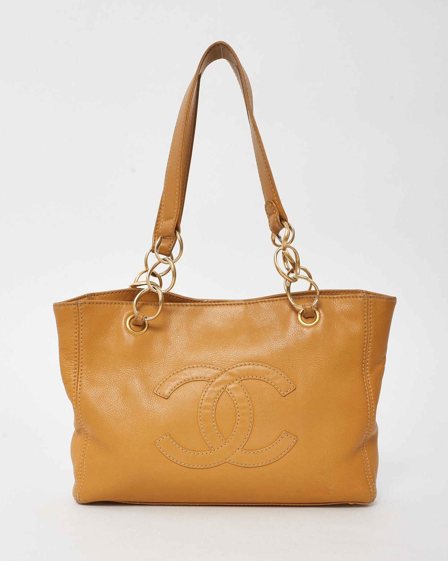 Chanel Vintage Tan Calfskin Leather CC Logo Chain Tote