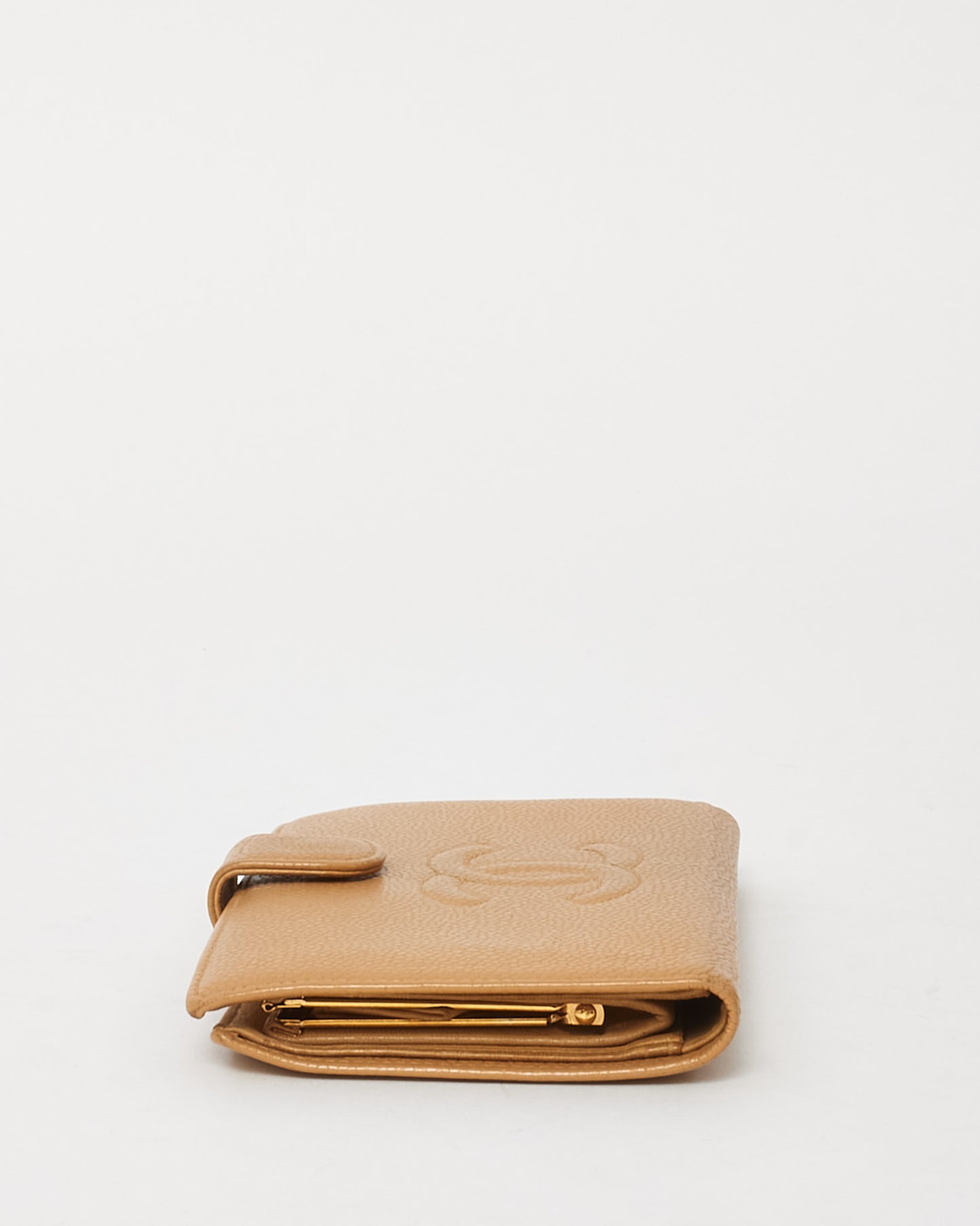 Chanel Vintage Beige Caviar Leather CC Timeless French Wallet