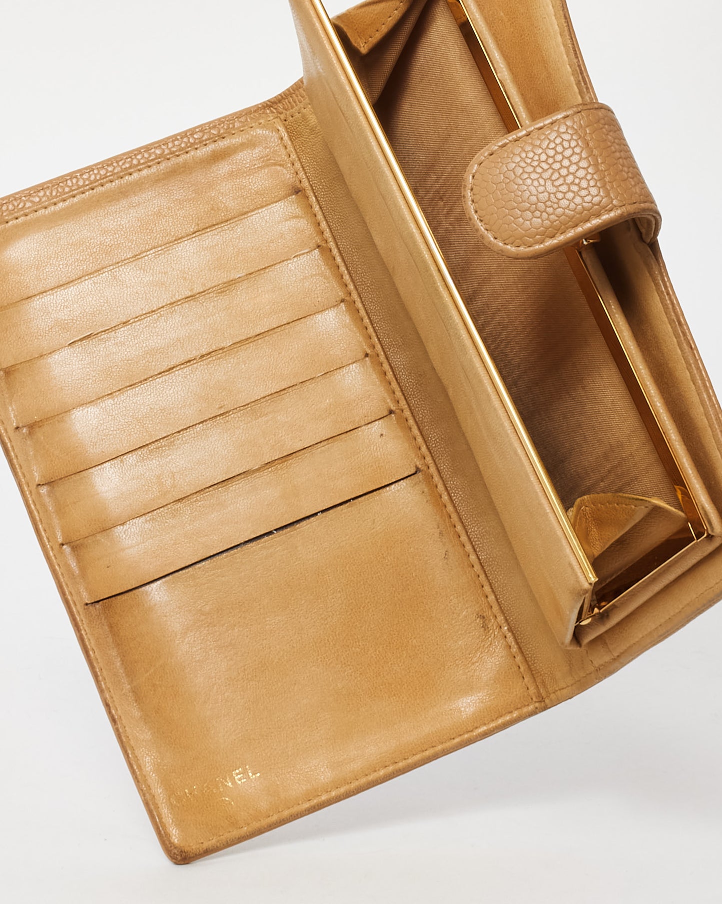 Chanel Vintage Beige Caviar Leather CC Timeless French Wallet