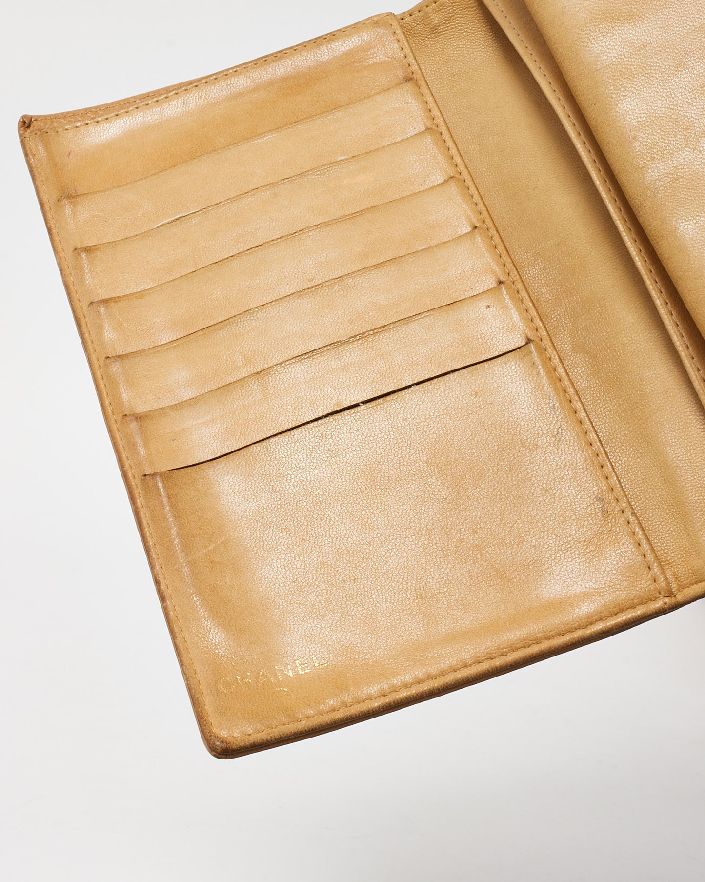 Chanel Vintage Beige Caviar Leather CC Timeless French Wallet