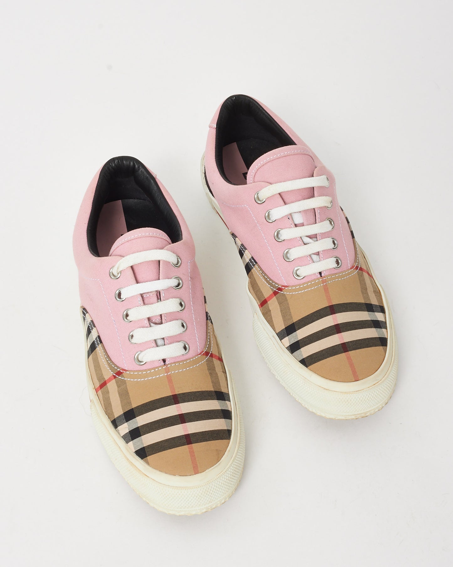 Burberry Pink Suede and Beige Vintage Check Cotton Canvas Sneakers - 39