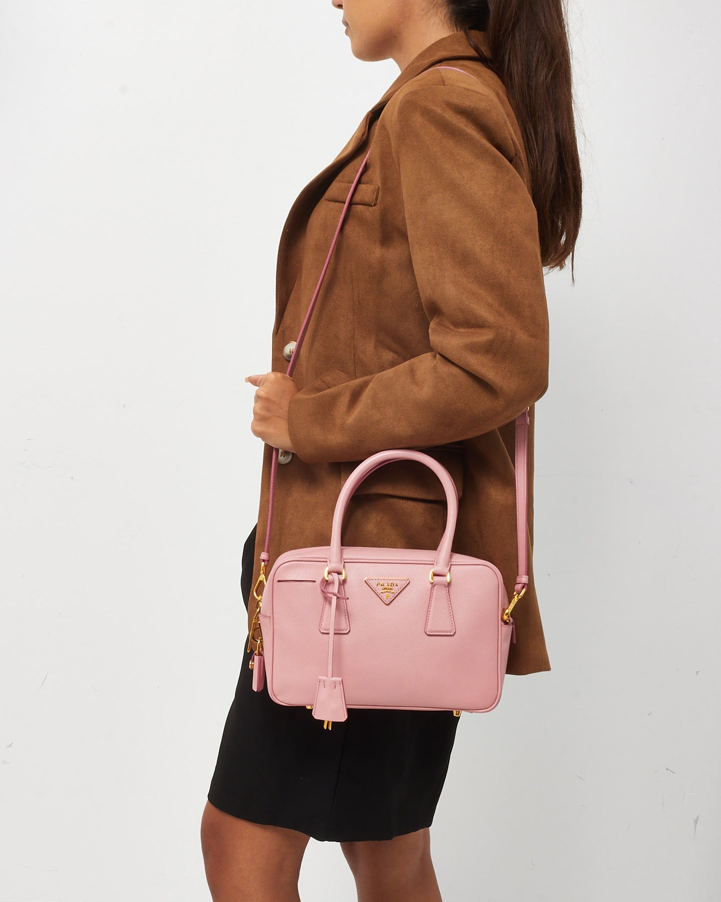 Prada Pink Saffiano Leather Bauletto Convertible Satchel Bag