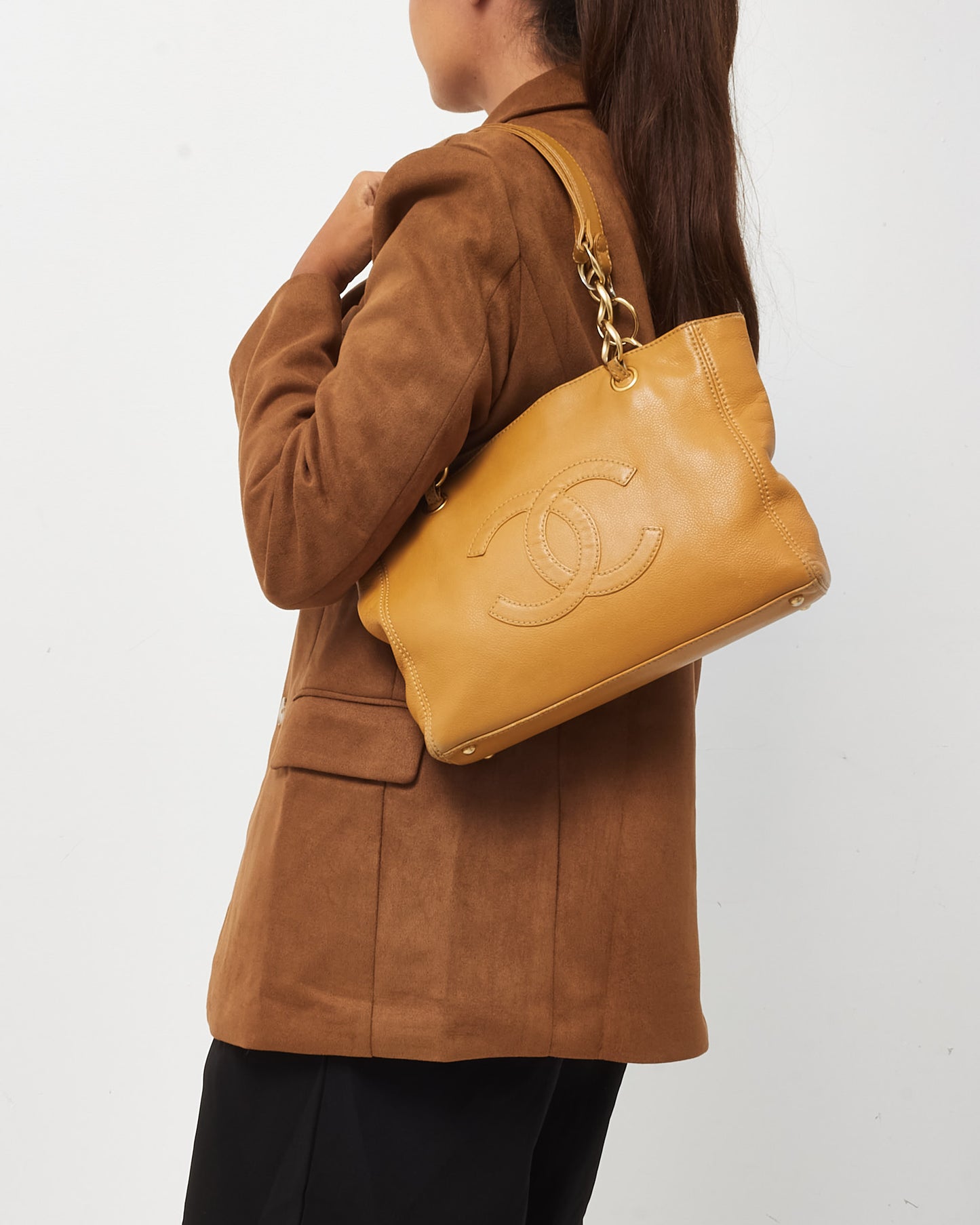 Chanel Vintage Tan Calfskin Leather CC Logo Chain Tote