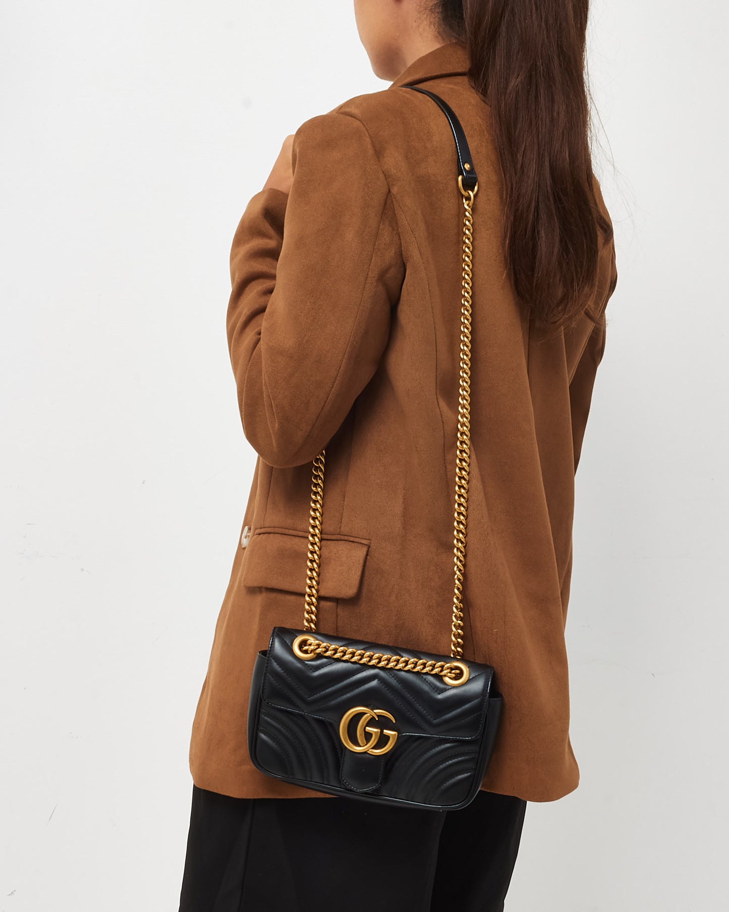 Gucci Black Matelassé Leather Small GG Marmont Shoulder Bag