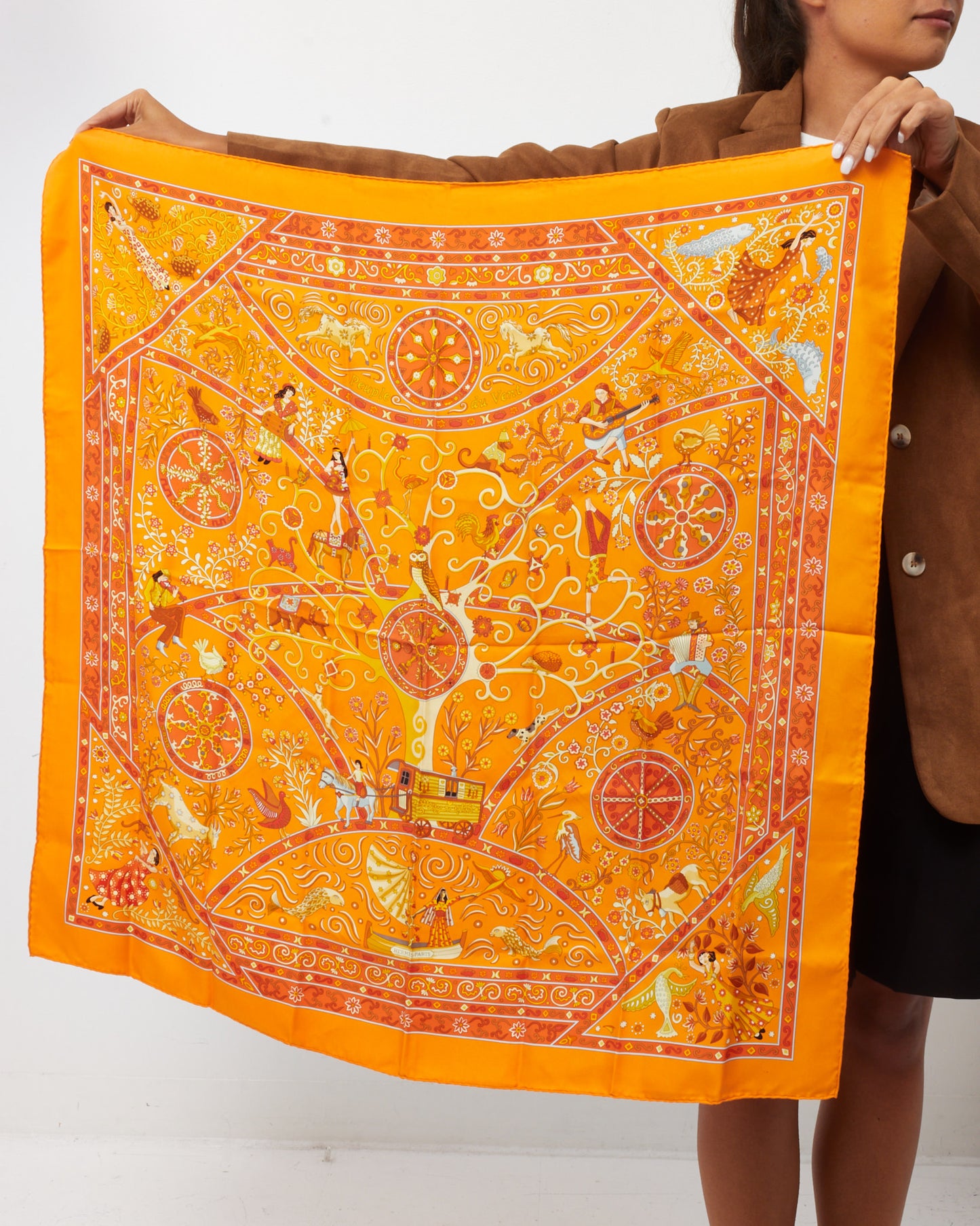 Hermès Orange/Red/Multi Peuple du Vent Silk Scarf