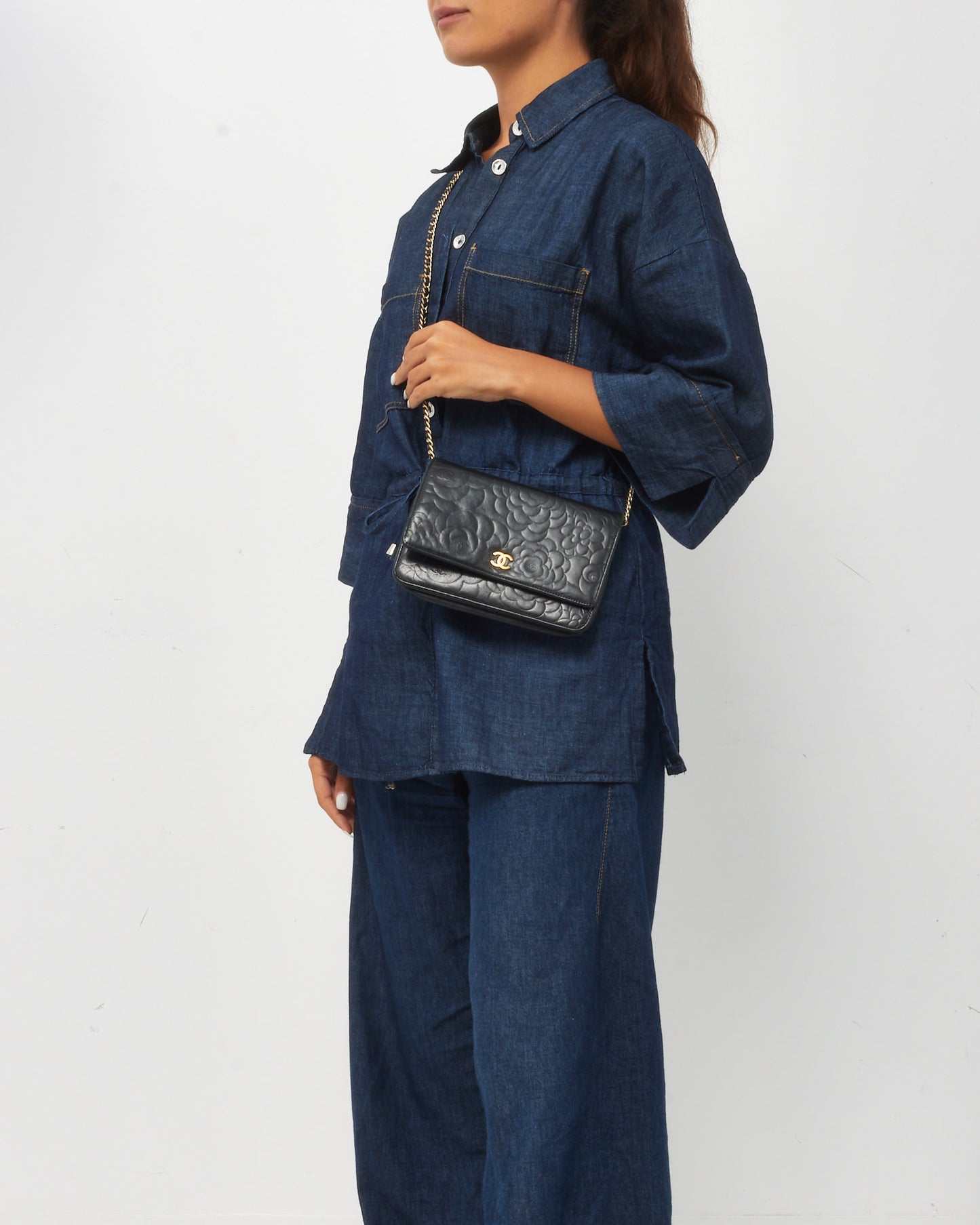 Chanel Black Lambskin Camellia Embossed Leather WOC Wallet on Chain Bag GHW