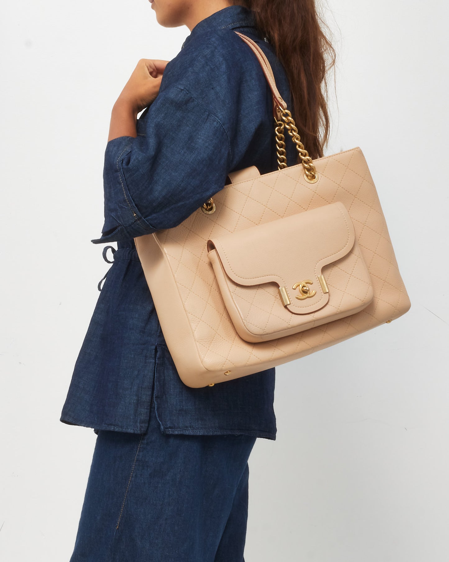 Chanel Beige Caviar Leather Large Archi Chic Shopping Tot Bag GHW