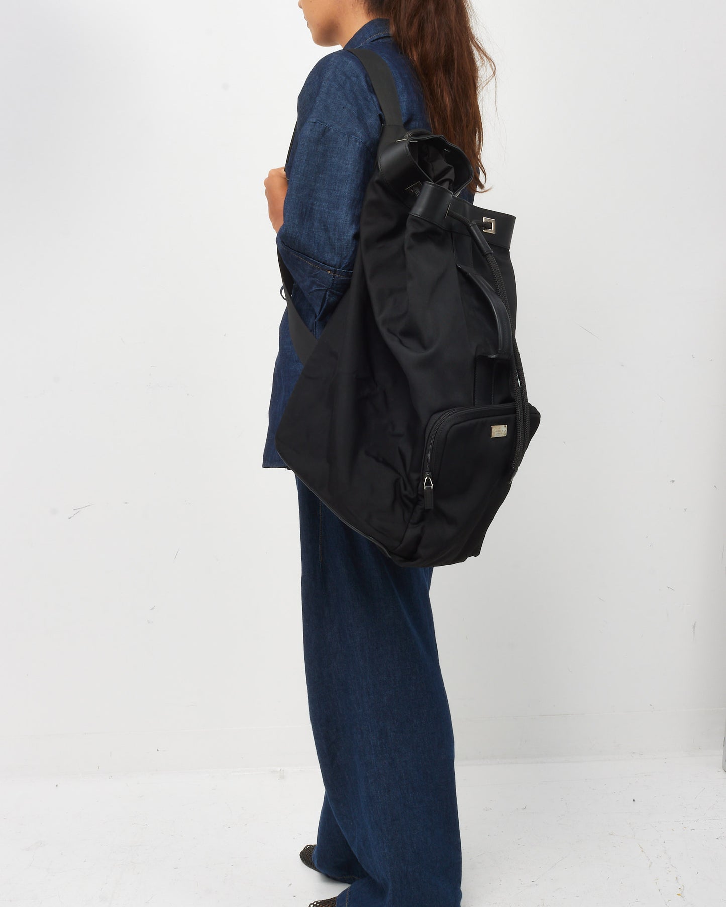 Gucci Vintage Black Canvas Sling Drawstring Backpack