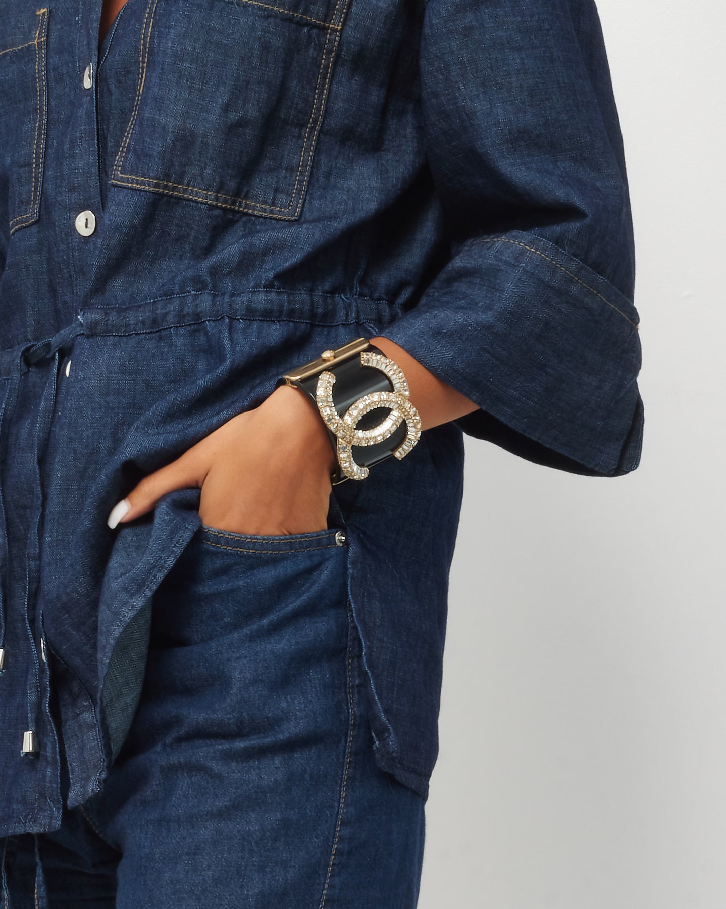 Chanel Black Resin Crystal Stras CC Logo Cuff Bracelet