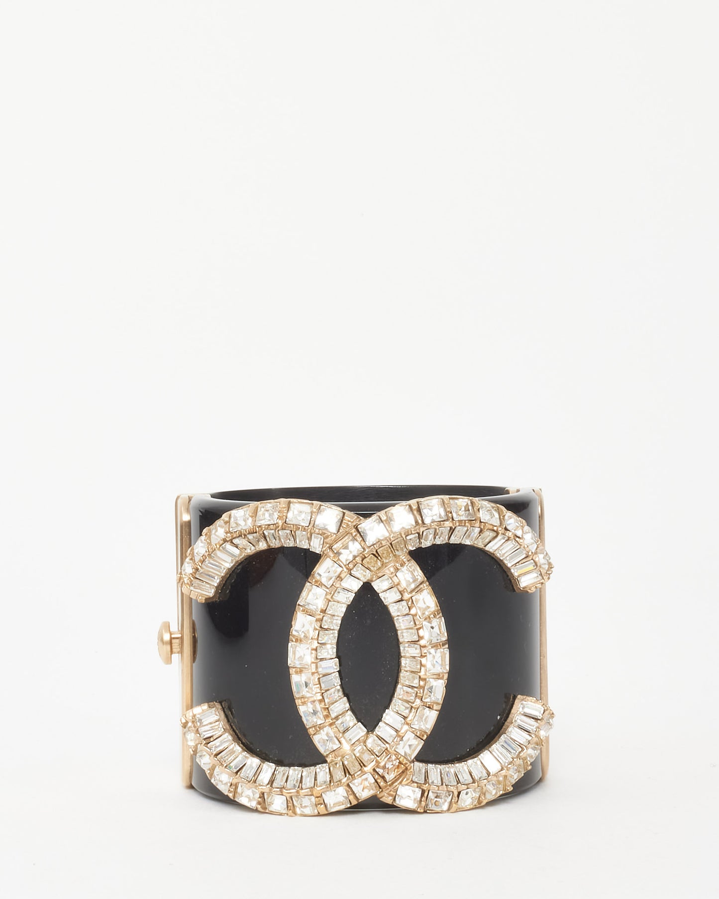 Chanel Black Resin Crystal Stras CC Logo Cuff Bracelet