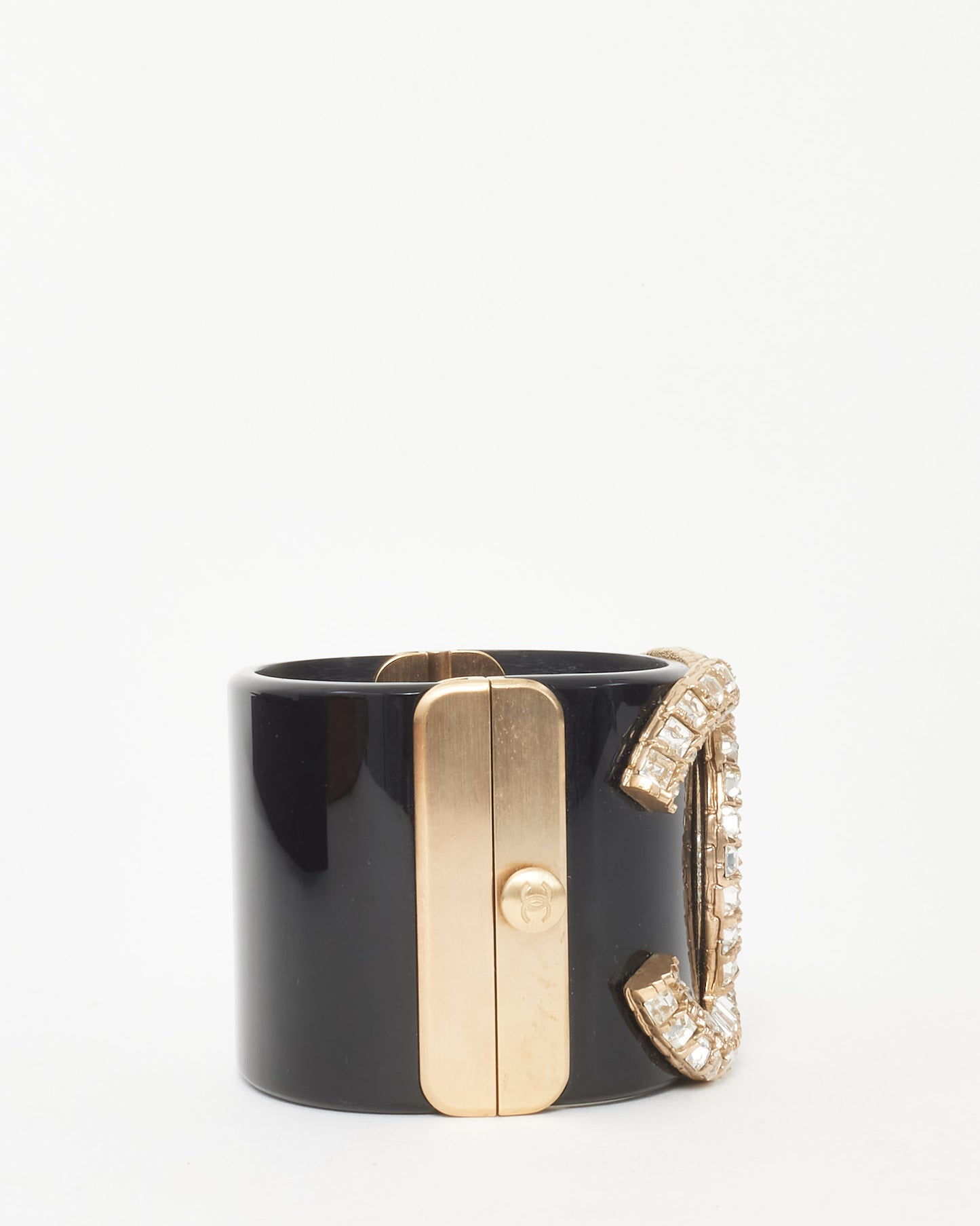 Chanel Black Resin Crystal Stras CC Logo Cuff Bracelet