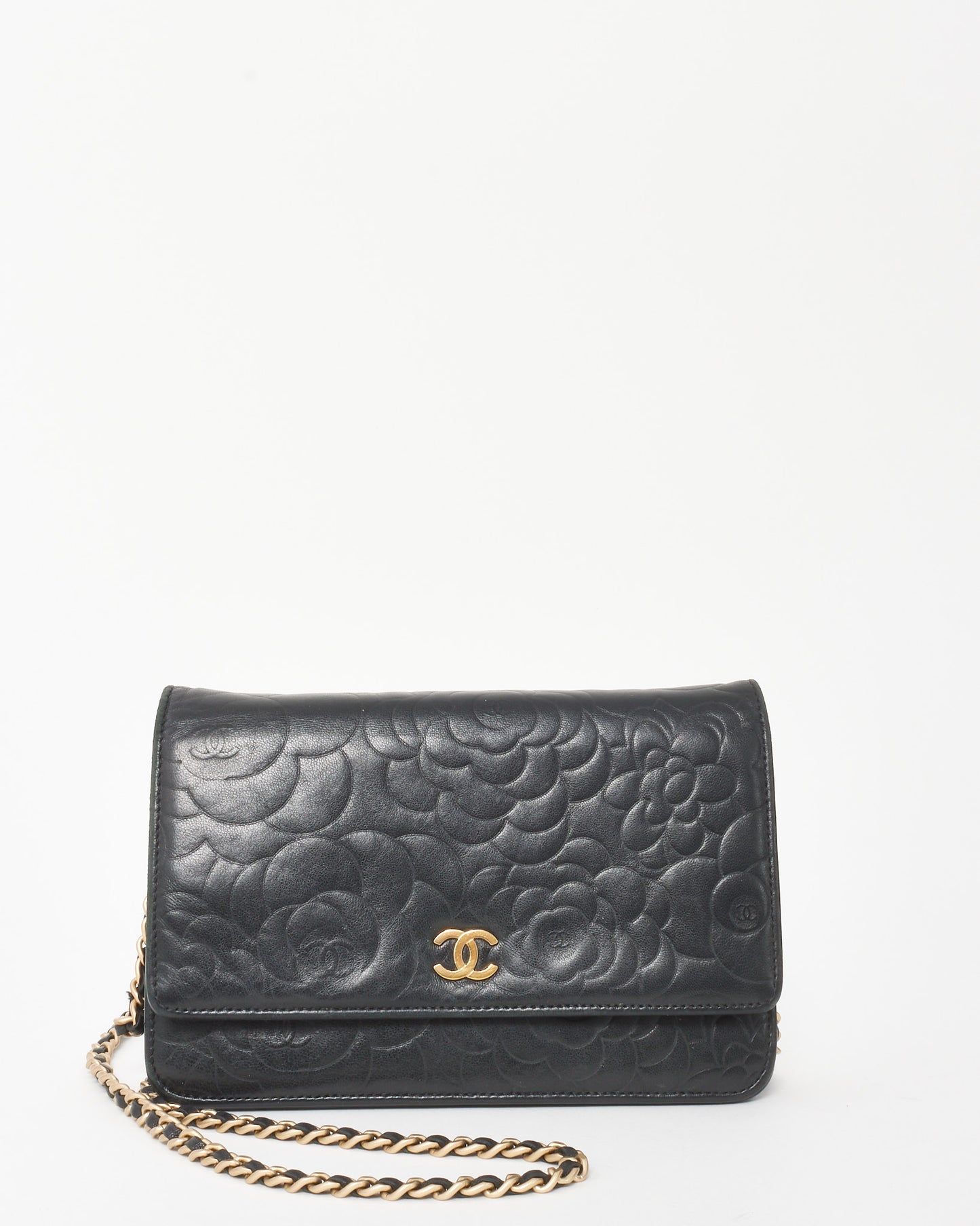 Chanel Black Lambskin Camellia Embossed Leather WOC Wallet on Chain Bag GHW