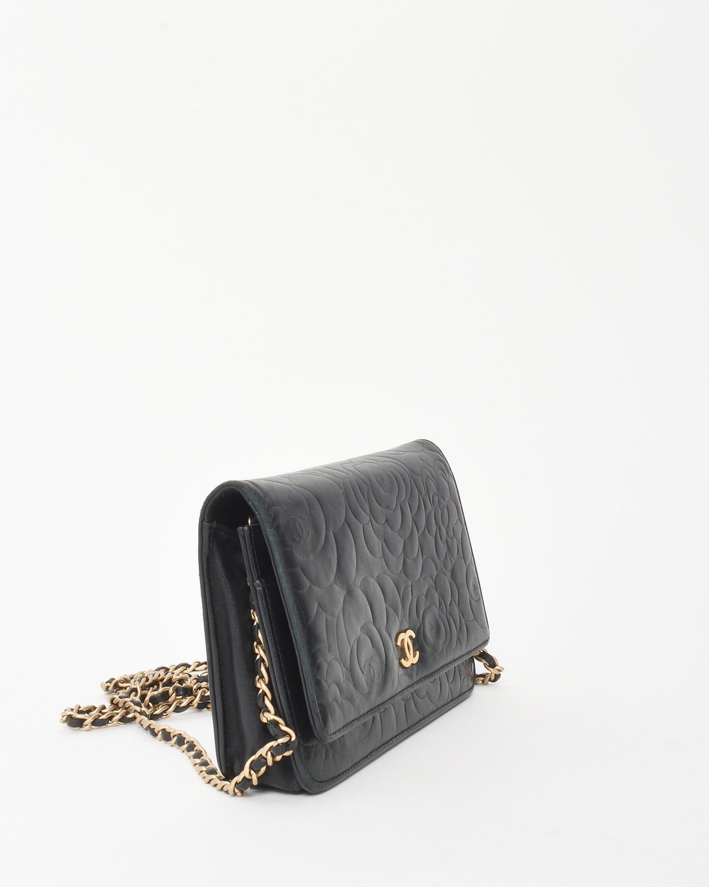 Chanel Black Lambskin Camellia Embossed Leather WOC Wallet on Chain Bag GHW