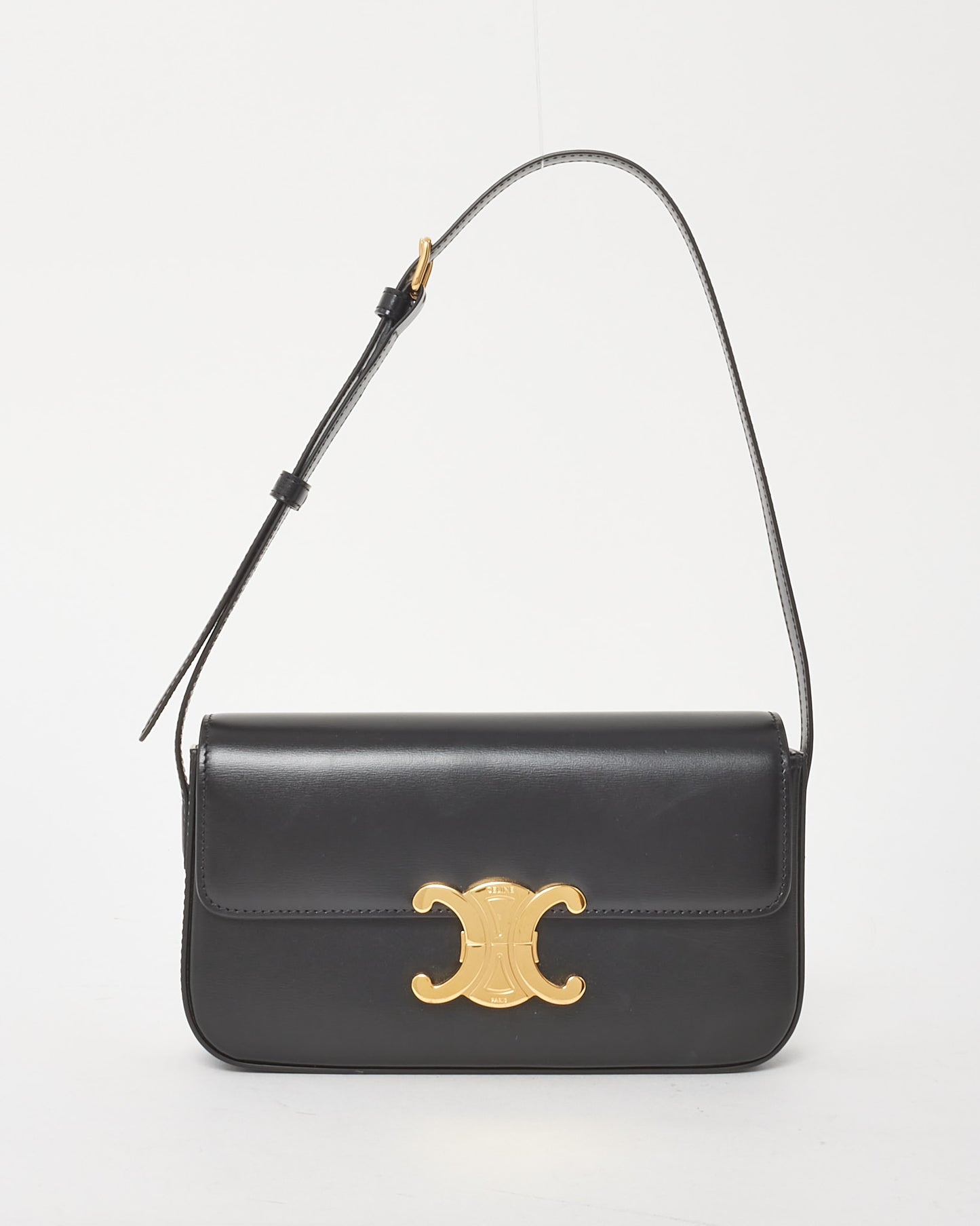 Celine Black Shiny Calfskin Leather Triomphe Claude Shoulder Bag
