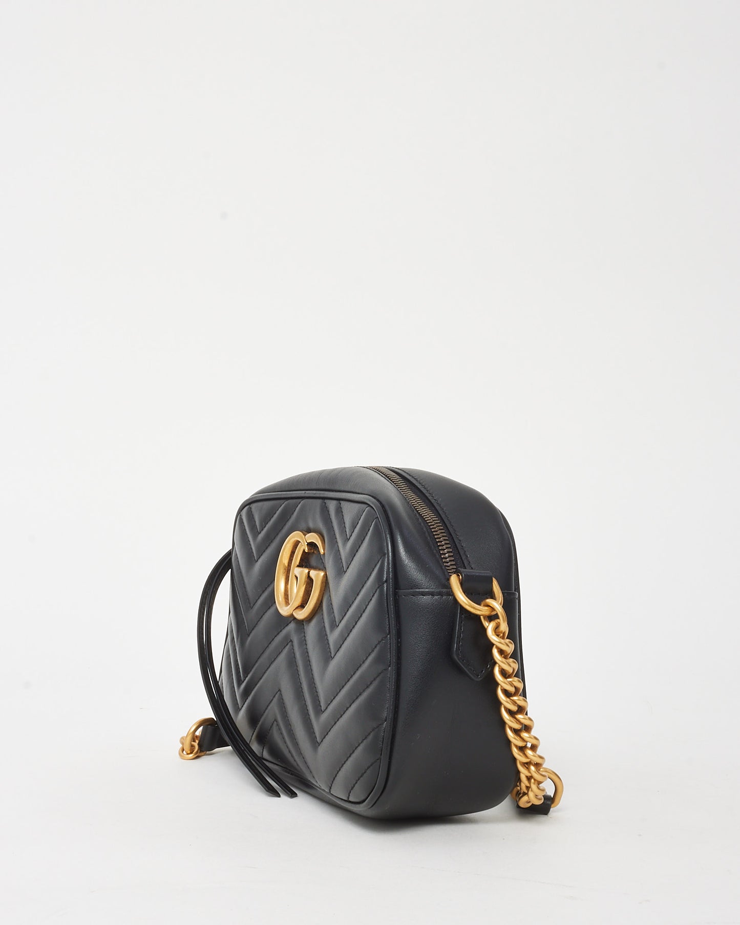 Gucci Black Matelassé Chevron Leather GG Marmont Small Camera Bag