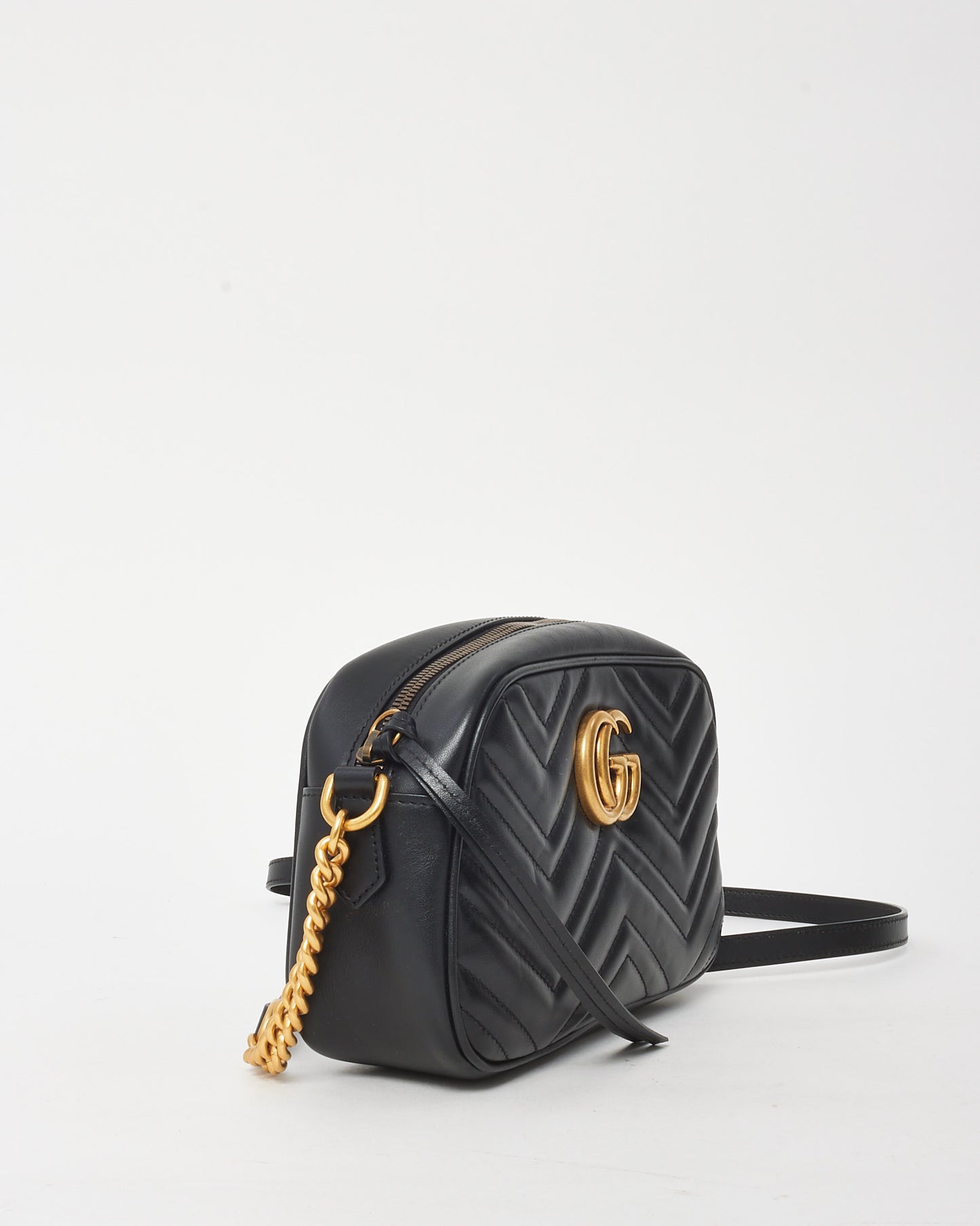 Gucci Black Matelassé Chevron Leather GG Marmont Small Camera Bag