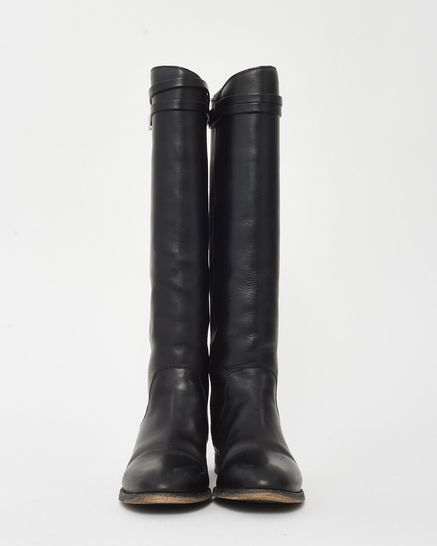 Jimmy Choo Black Leather Knee-High Buckle Hyson Riding Boots - 38.5