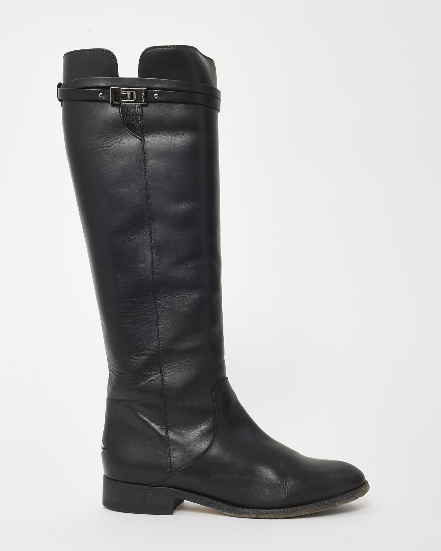Jimmy Choo Black Leather Knee-High Buckle Hyson Riding Boots - 38.5