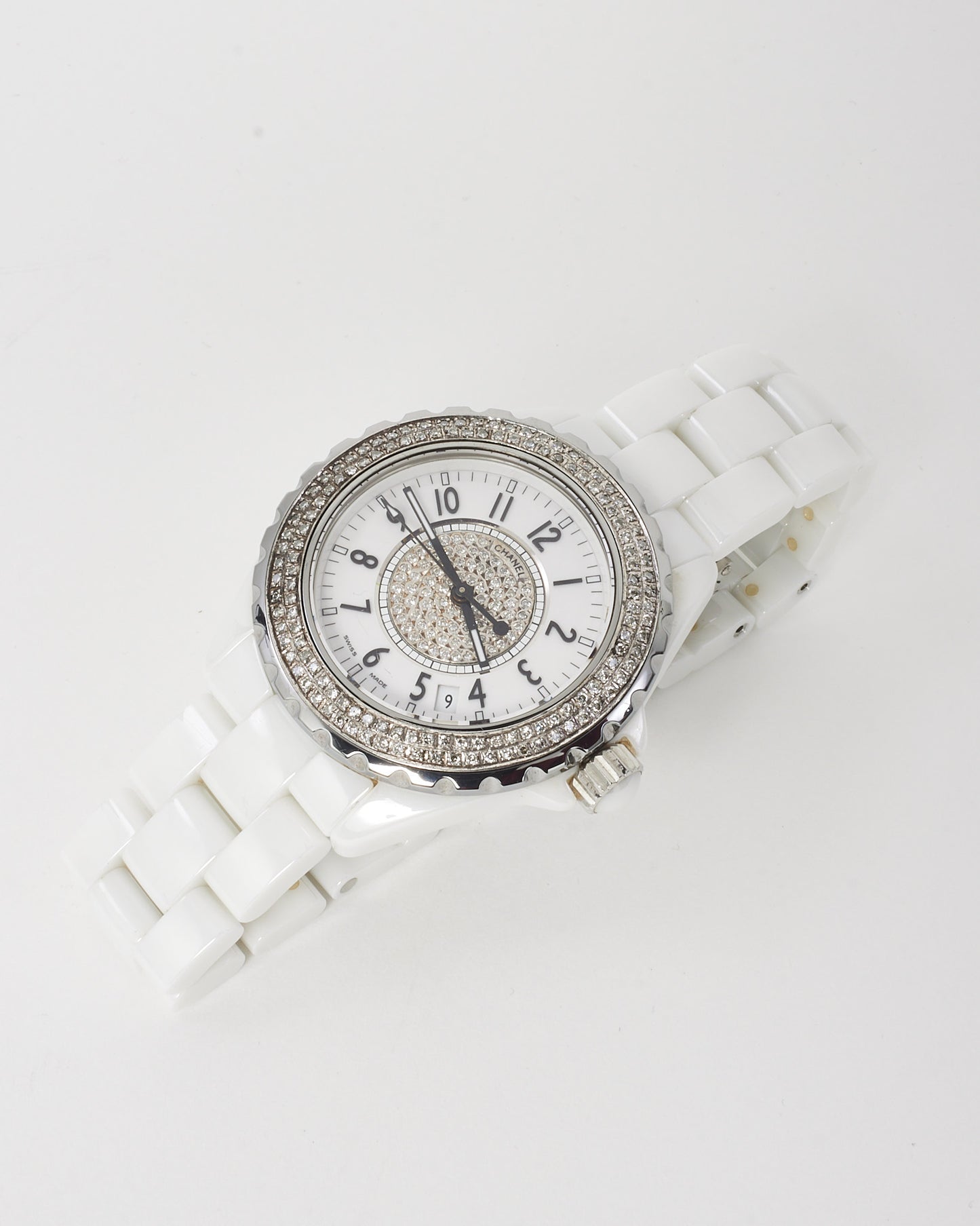 Chanel White Ceramic Diamond Bezel J12 Watch 38mm